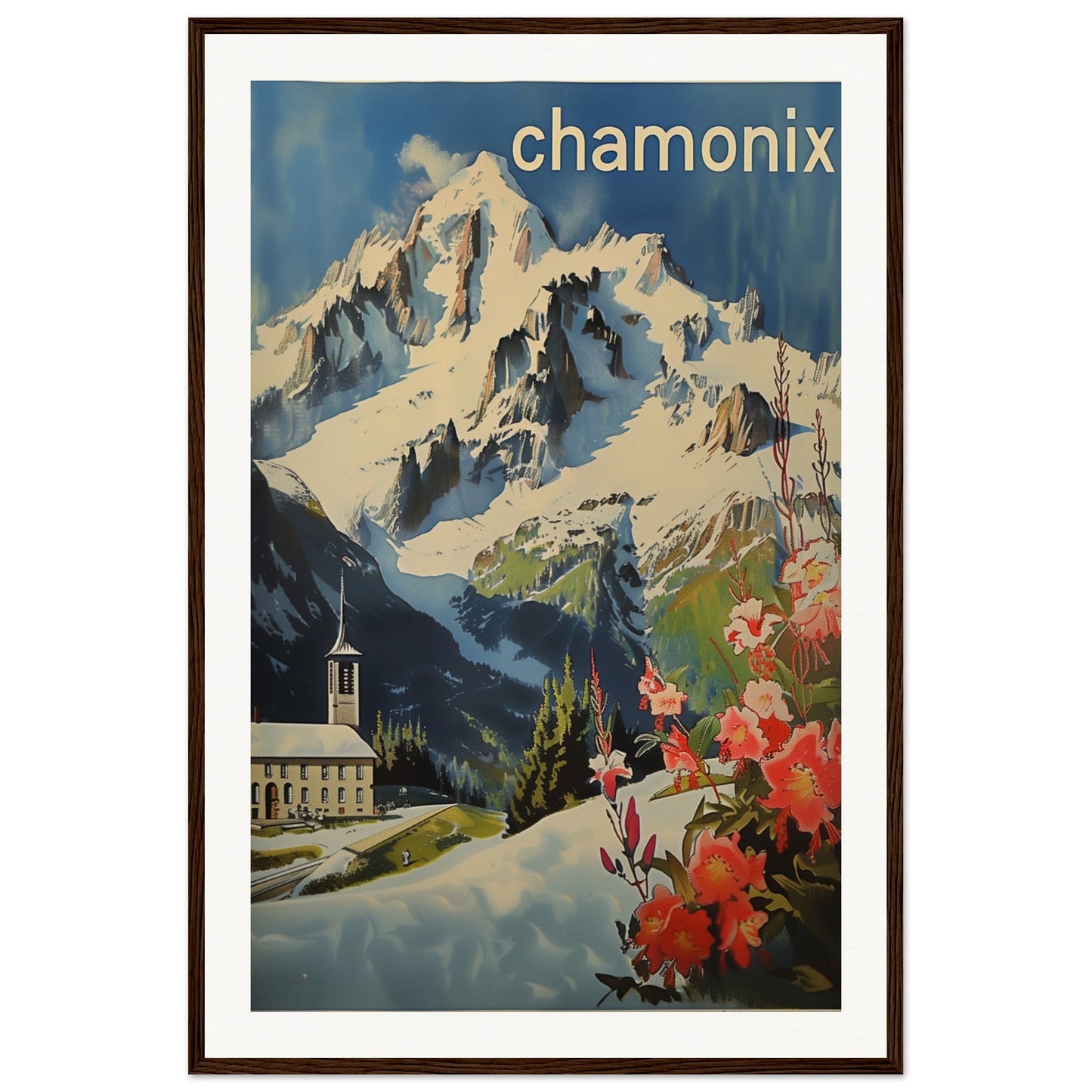 Poster Ancien Chamonix Mont Blanc ( 60x90-cm-Bois-foncé)