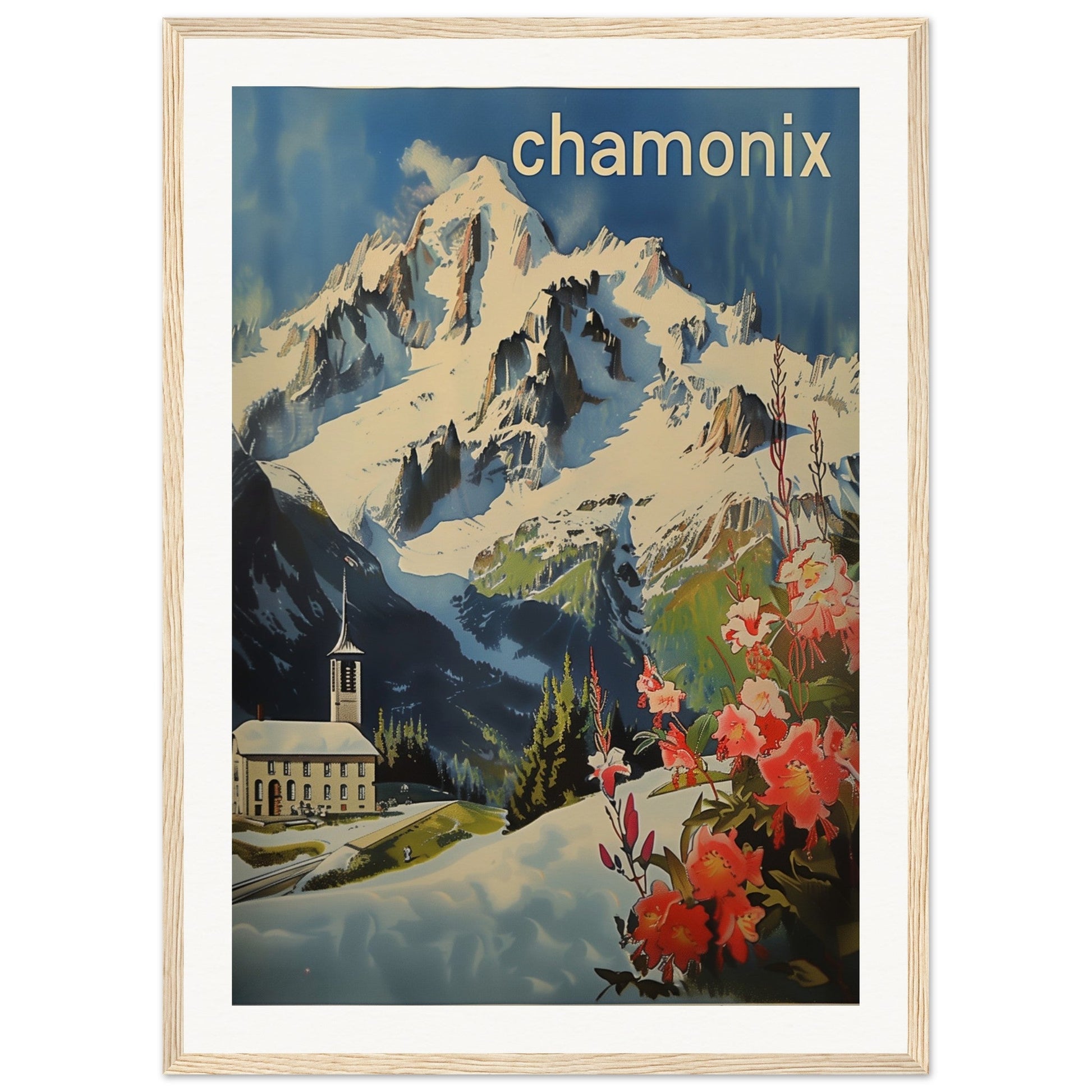 Poster Ancien Chamonix Mont Blanc ( 50x70-cm-Bois-clair)