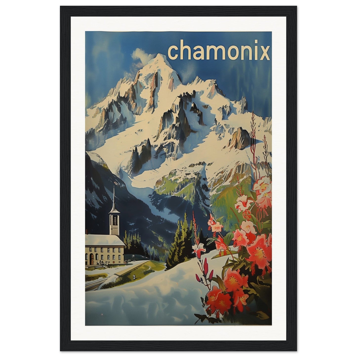 Poster Ancien Chamonix Mont Blanc ( 30x45-cm-Bois-noir)