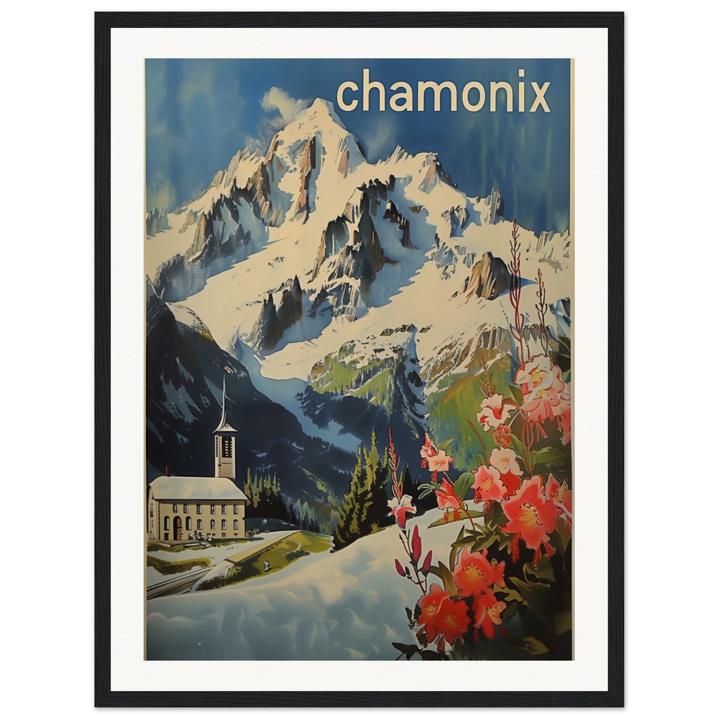 Poster Ancien Chamonix Mont Blanc ( 45x60-cm-Bois-noir)