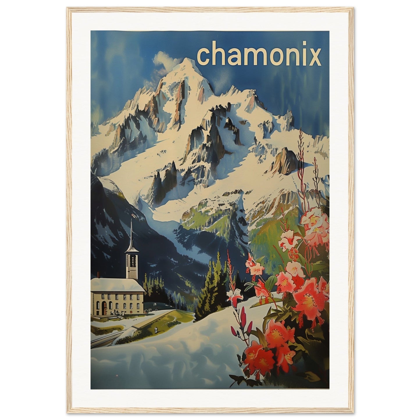 Poster Ancien Chamonix Mont Blanc ( 70x100-cm-Bois-clair)