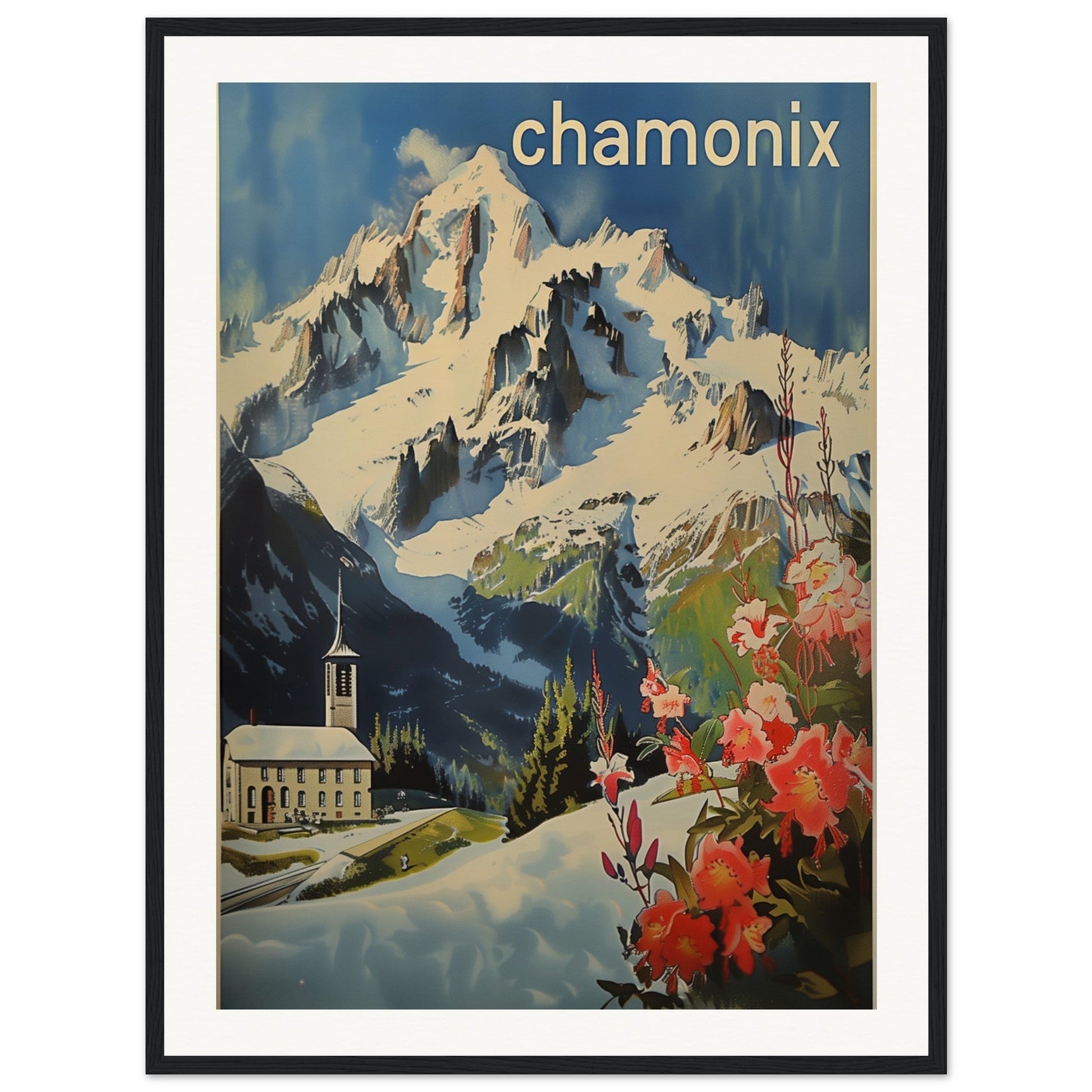 Poster Ancien Chamonix Mont Blanc ( 60x80-cm-Bois-noir)