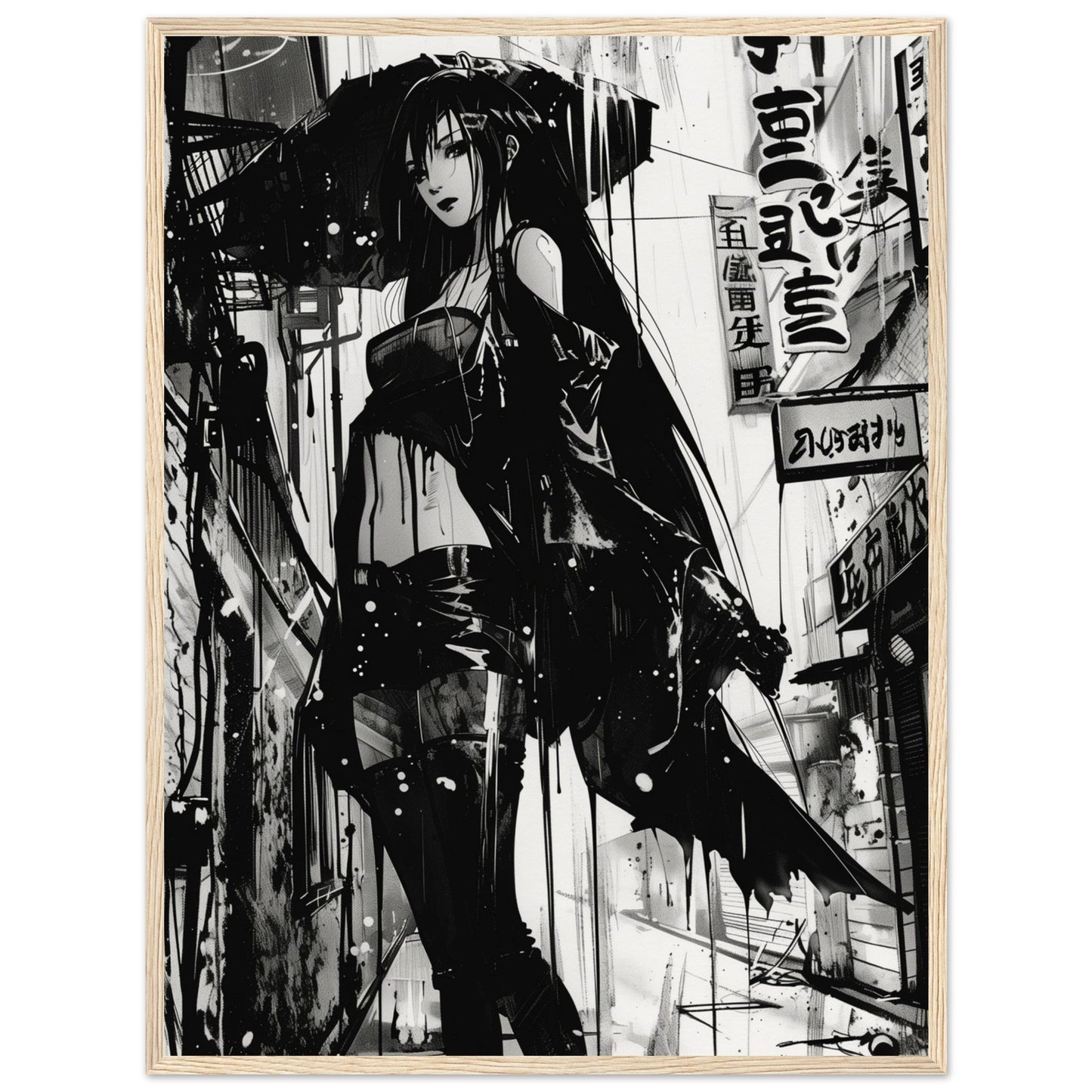 Poster Anime Noir et Blanc ( 60x80-cm-Bois-clair)