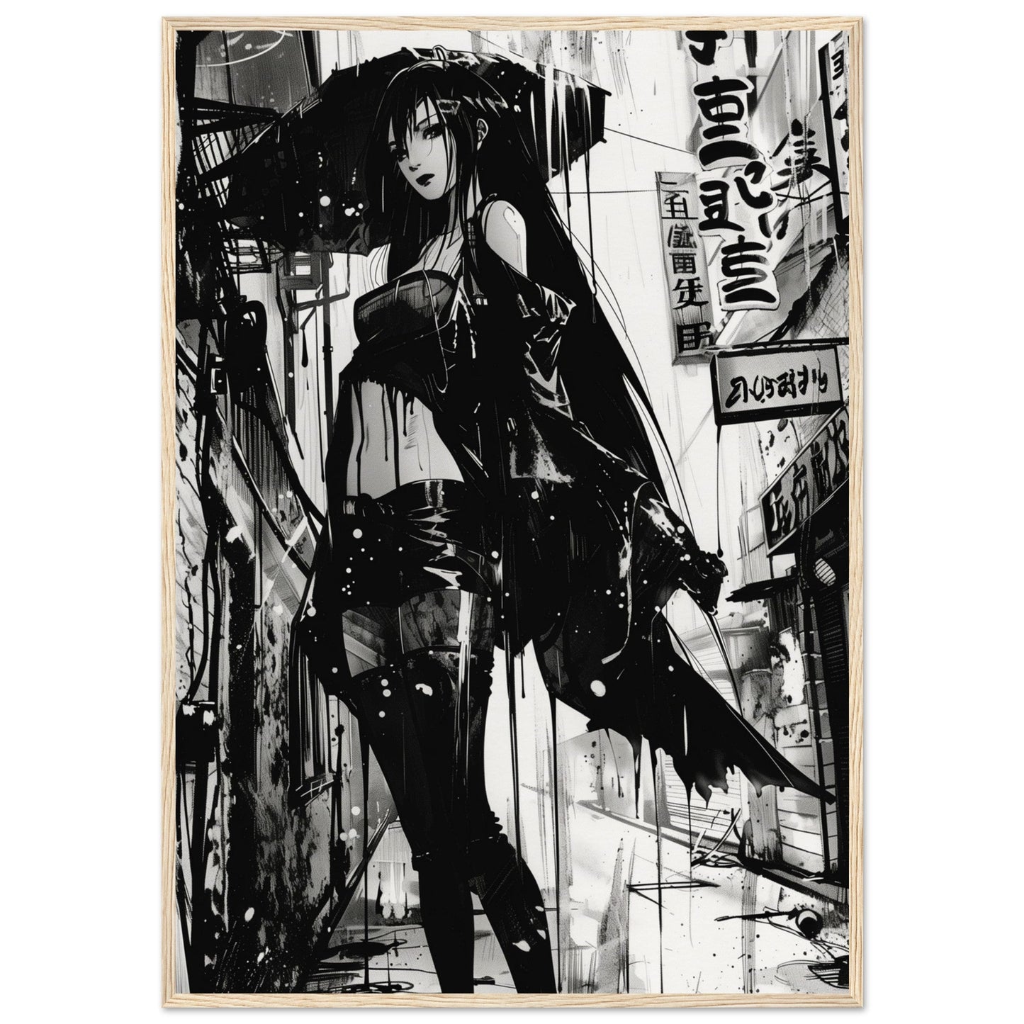 Poster Anime Noir et Blanc ( 70x100-cm-Bois-clair)