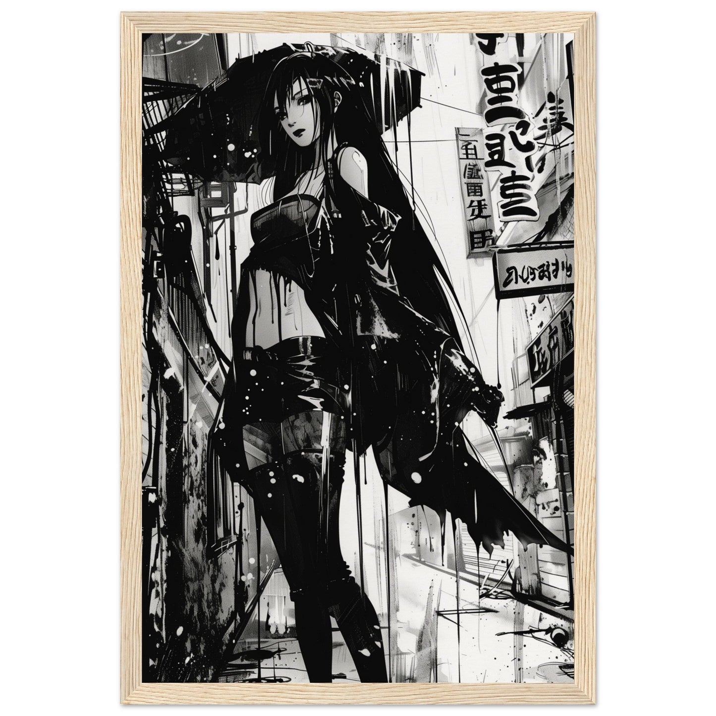 Poster Anime Noir et Blanc ( 30x45-cm-Bois-clair)