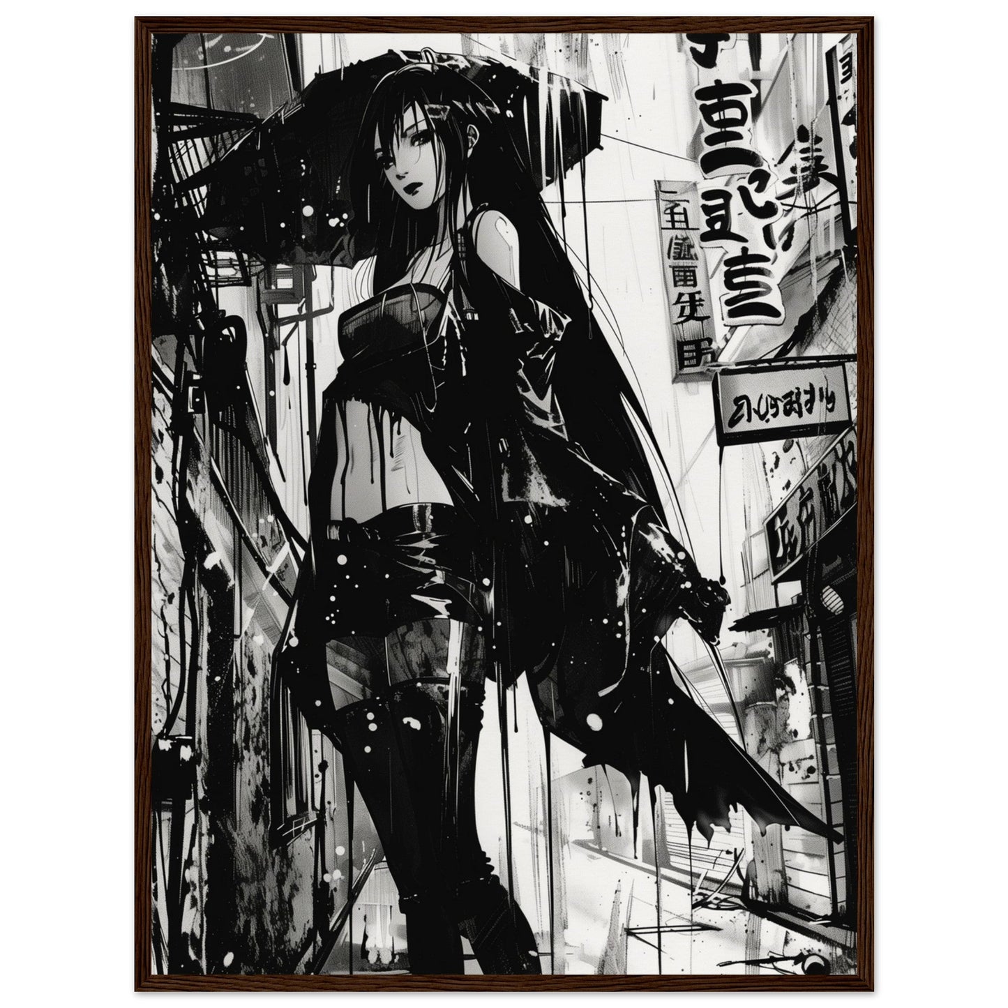 Poster Anime Noir et Blanc ( 60x80-cm-Bois-foncé)