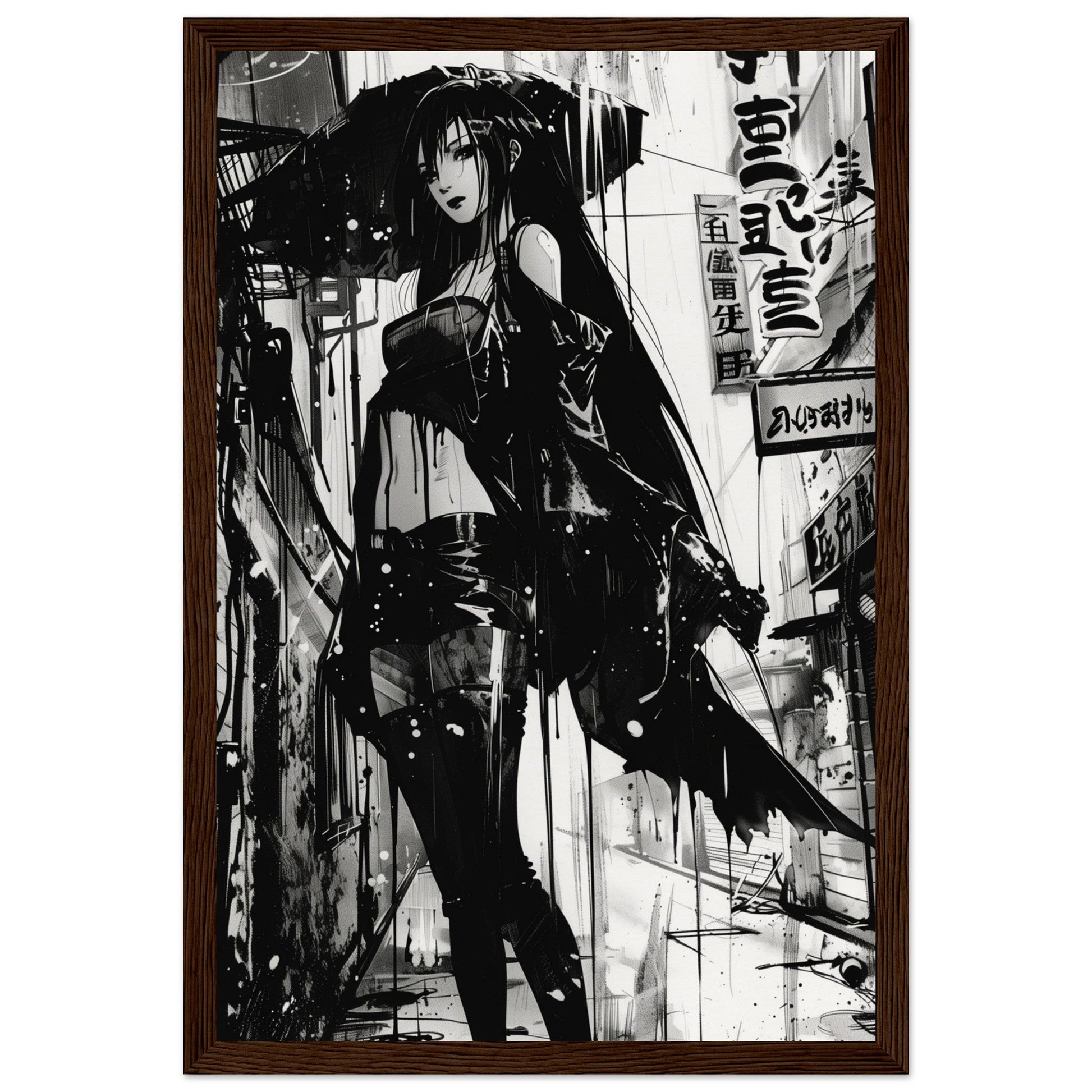 Poster Anime Noir et Blanc ( 30x45-cm-Bois-foncé)