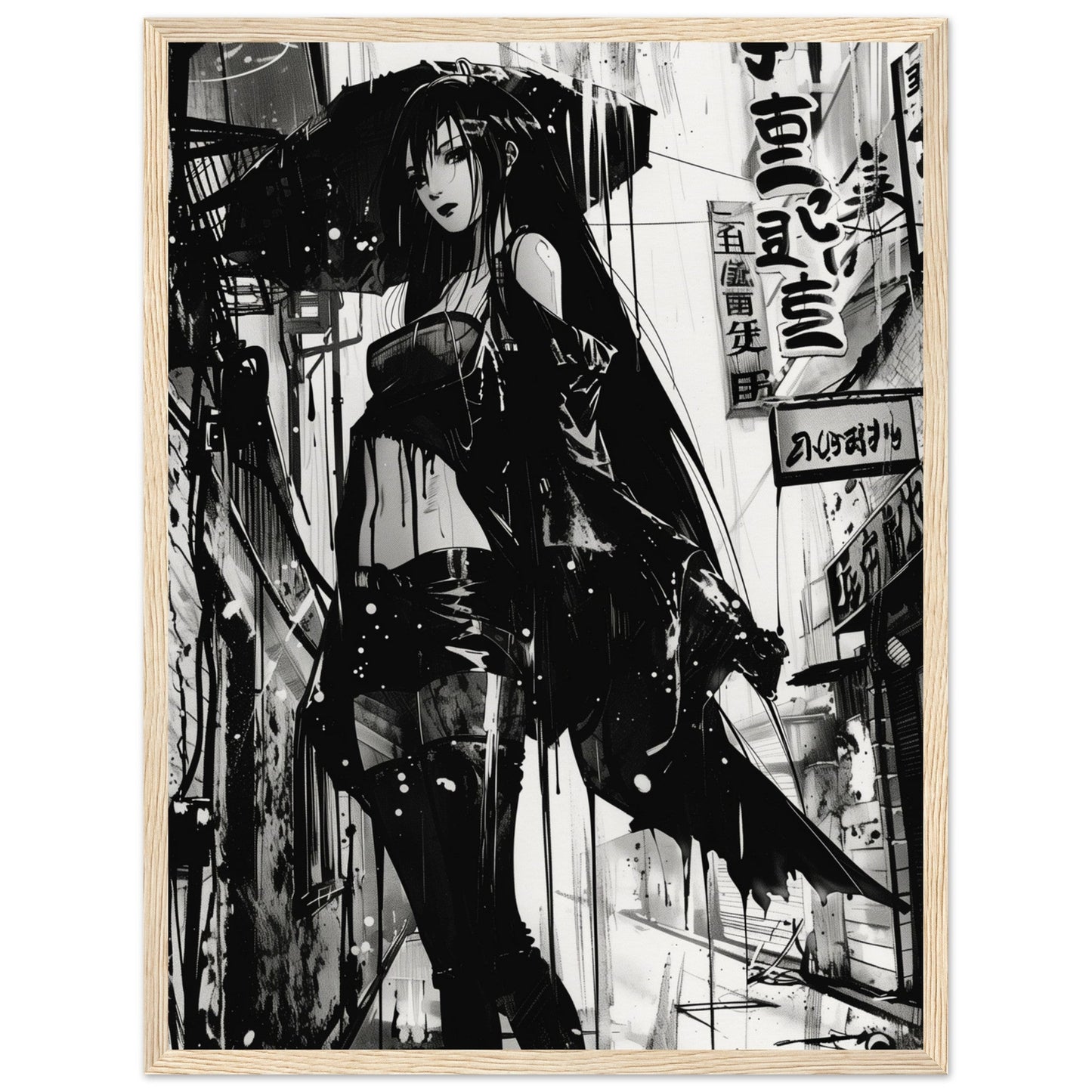 Poster Anime Noir et Blanc ( 45x60-cm-Bois-clair)