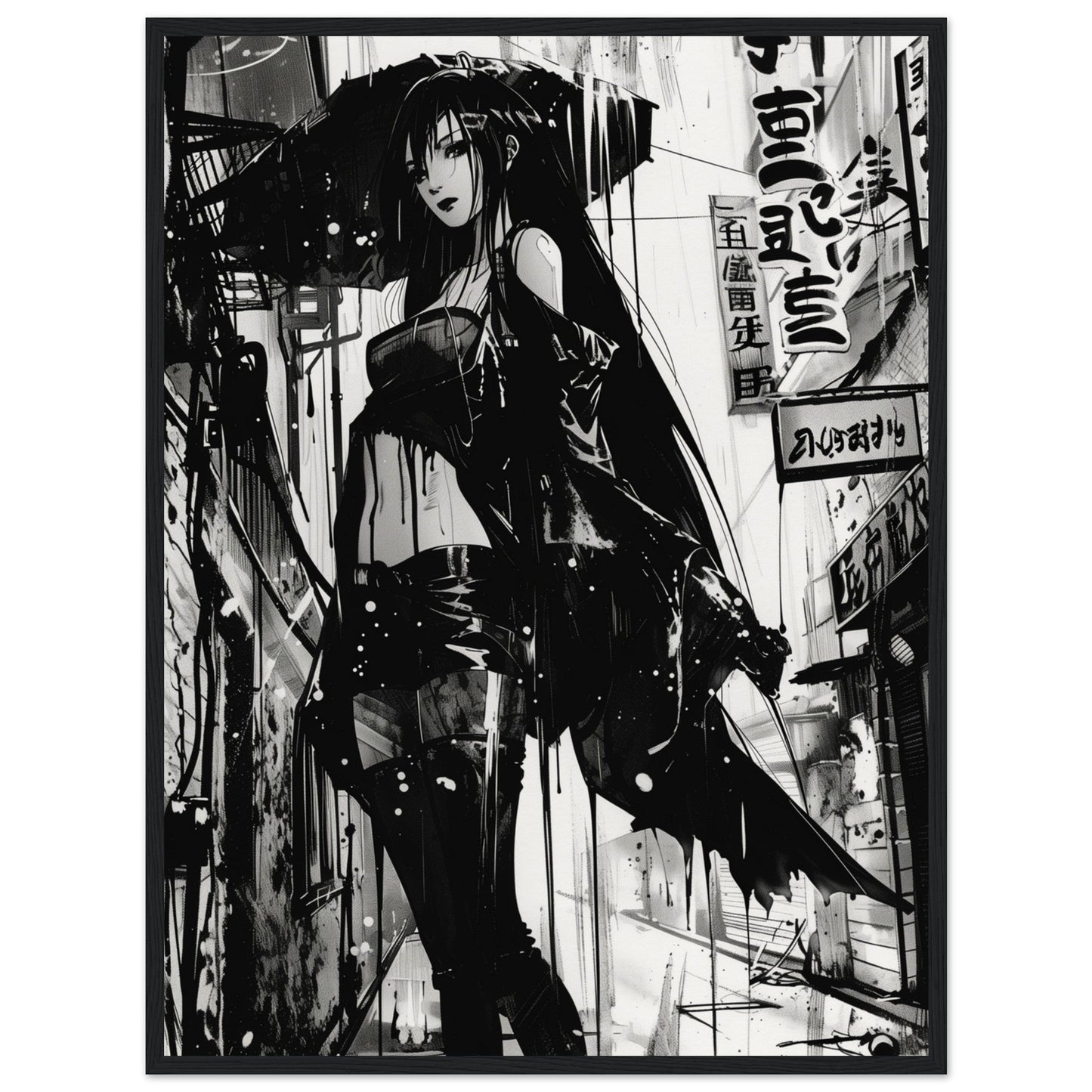 Poster Anime Noir et Blanc ( 60x80-cm-Bois-noir)