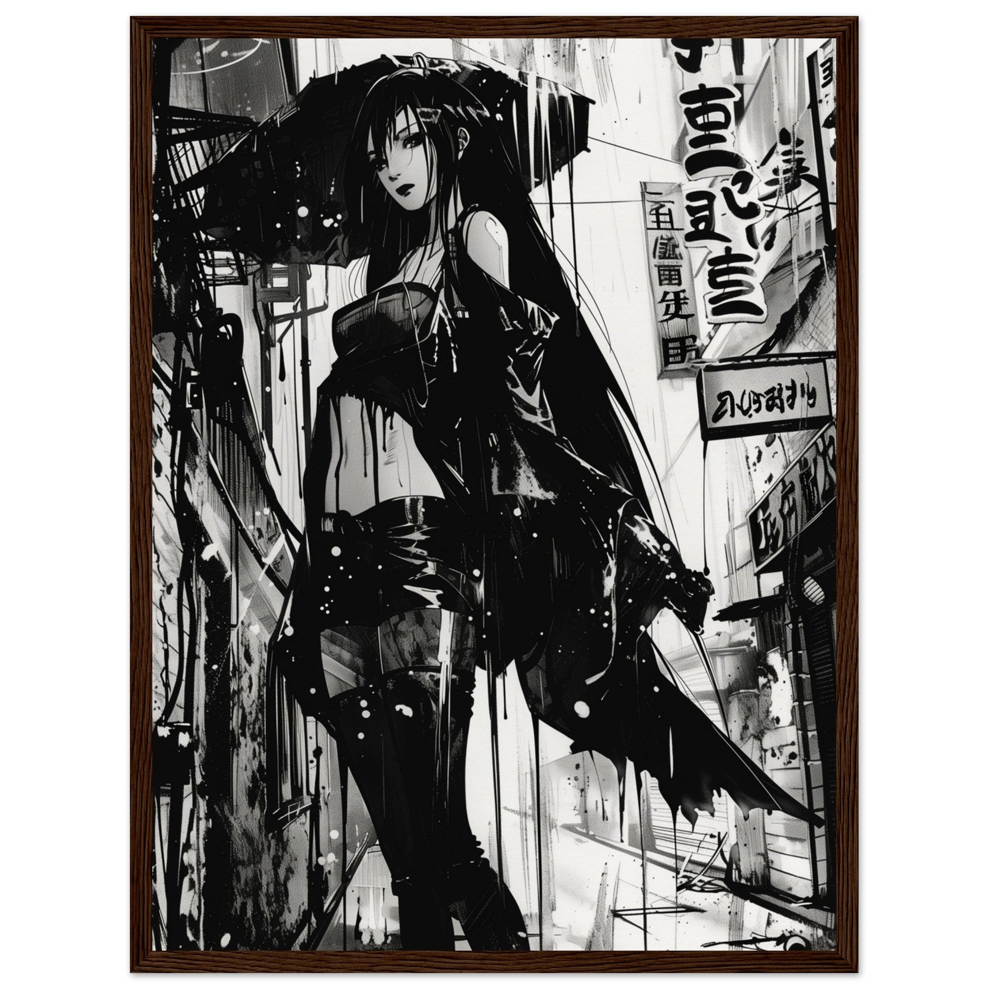 Poster Anime Noir et Blanc ( 45x60-cm-Bois-foncé)