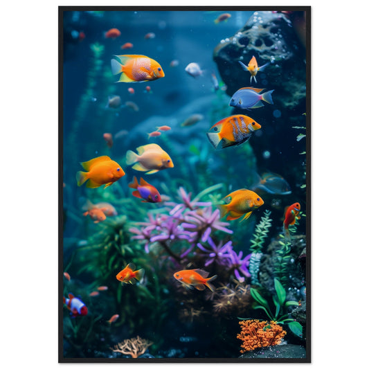 Poster Aquarium Bleu ( 70x100-cm-Bois-noir)