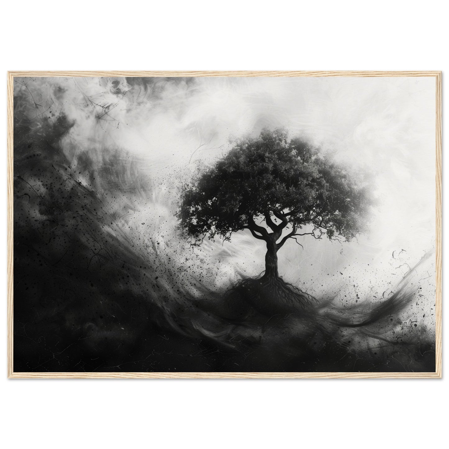 Poster Arbre de Vie Noir et Blanc ( 70x100-cm-Bois-clair)