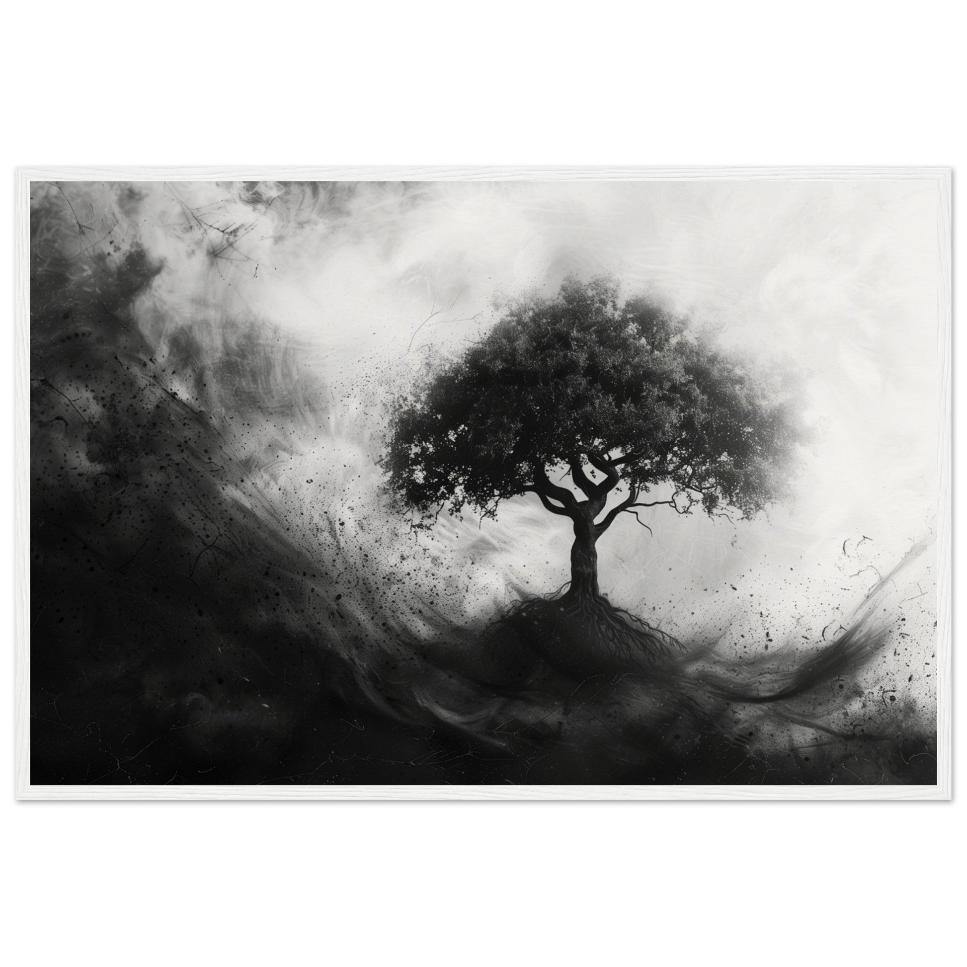 Poster Arbre de Vie Noir et Blanc ( 60x90-cm-Bois-blanc)