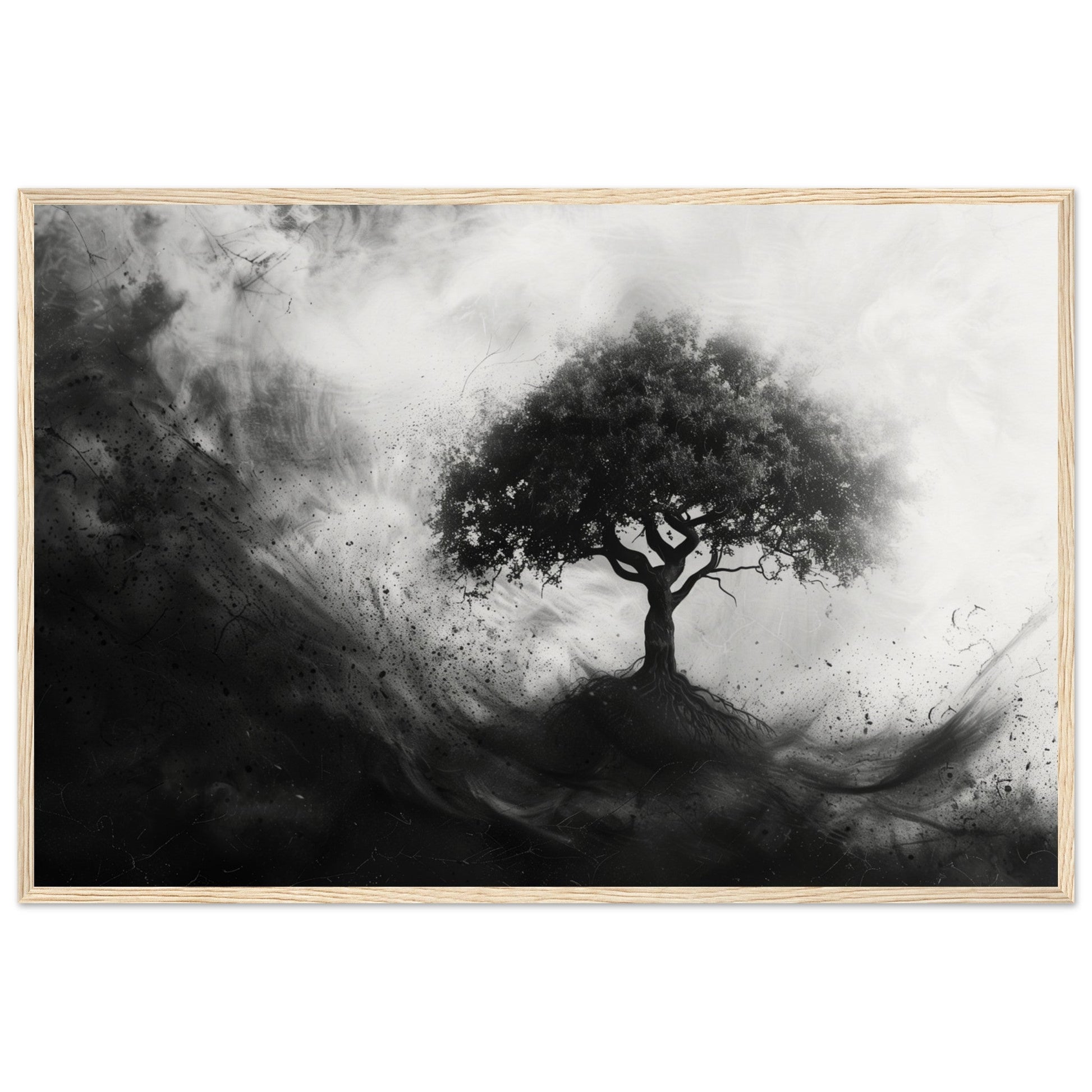 Poster Arbre de Vie Noir et Blanc ( 60x90-cm-Bois-clair)