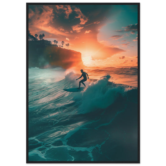 Poster Biarritz Surf Sunset ( 70x100-cm-Bois-noir)