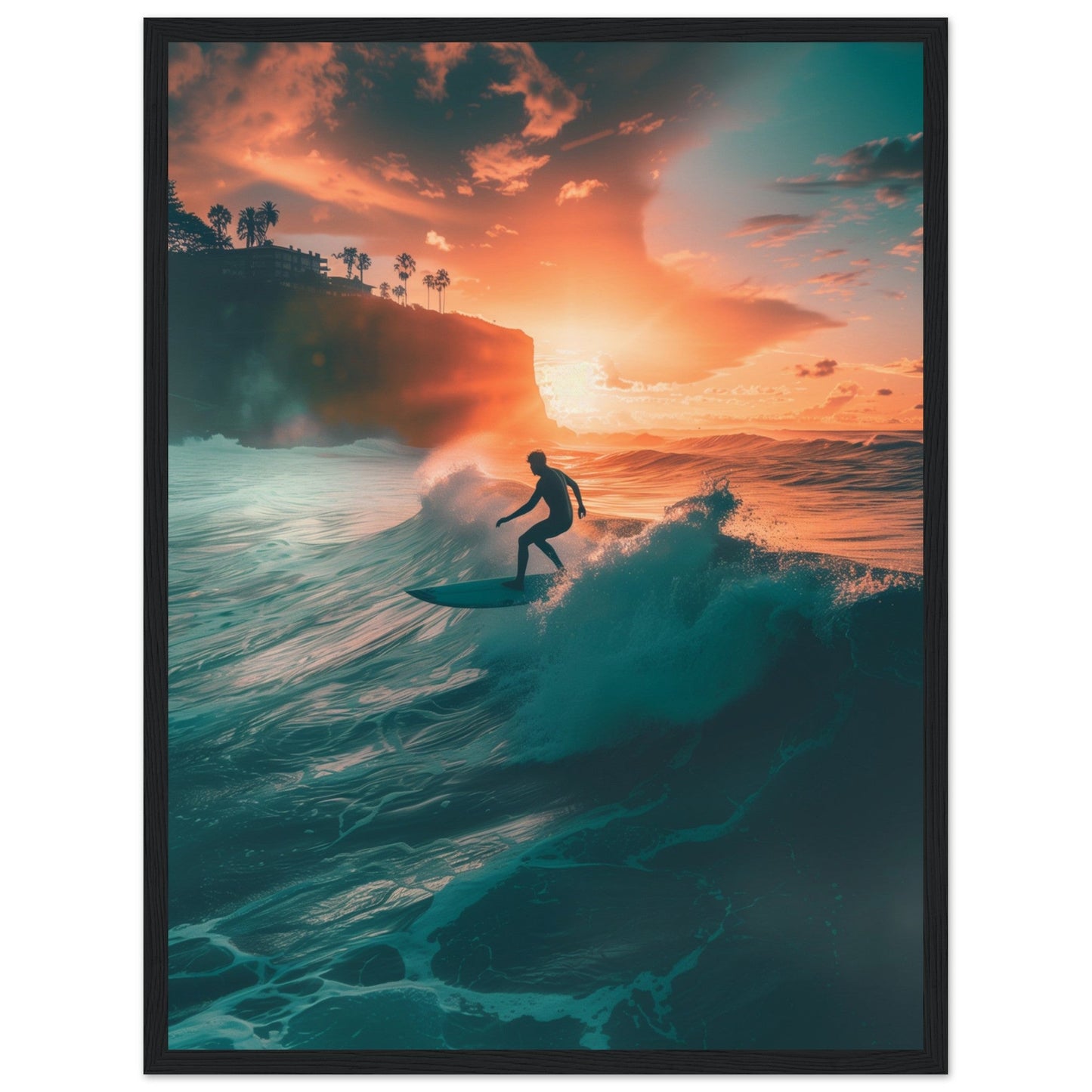 Poster Biarritz Surf Sunset ( 45x60-cm-Bois-noir)