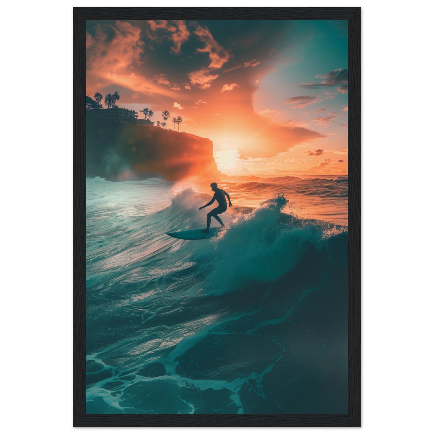 Poster Biarritz Surf Sunset ( 30x45-cm-Bois-noir)