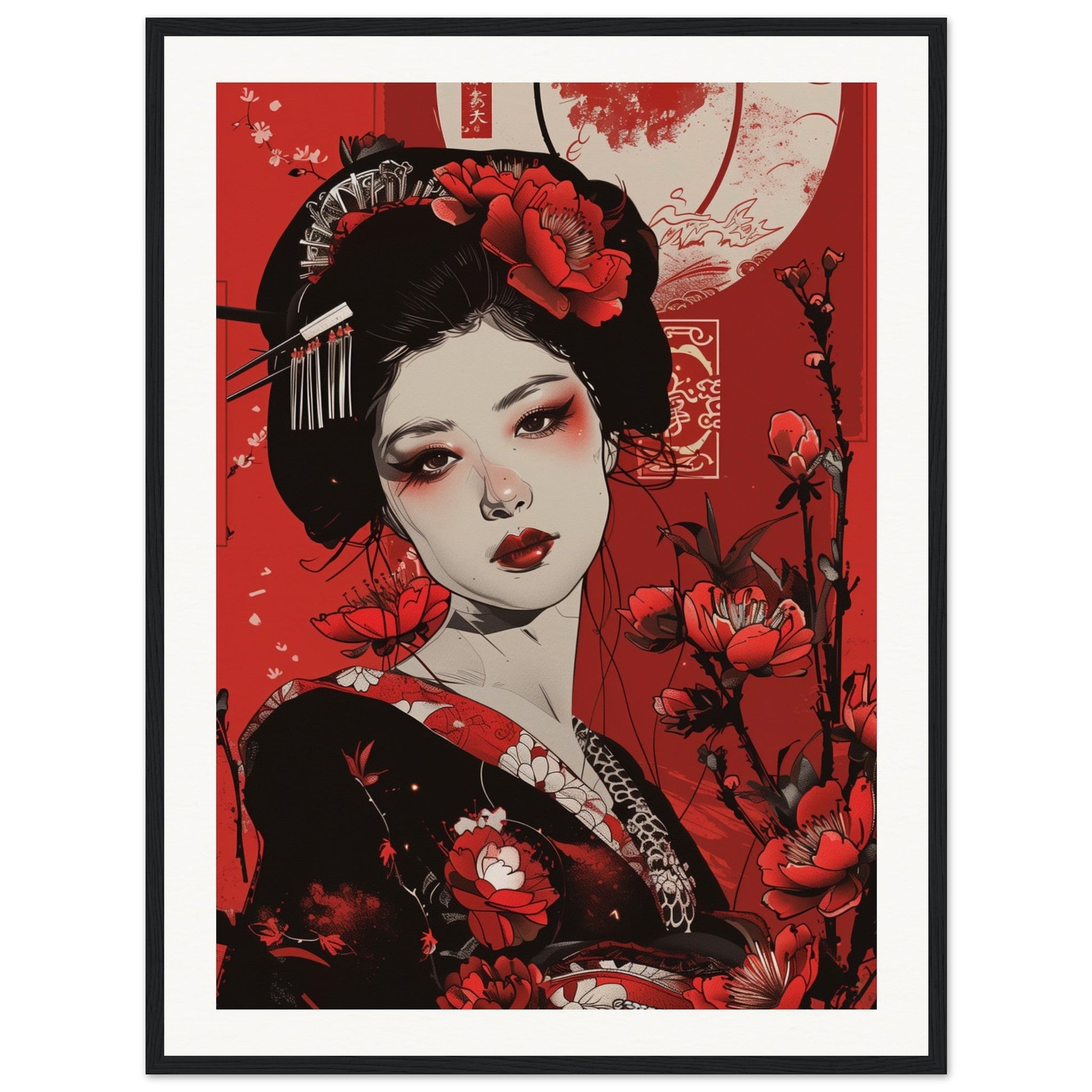 Poster Geisha Rouge ( 60x80-cm-Bois-noir)