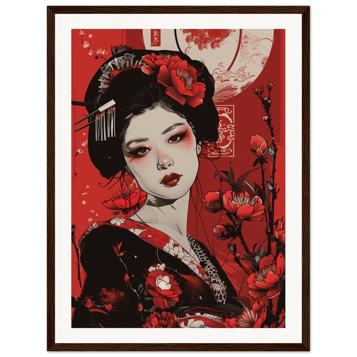 Poster Geisha Rouge ( 45x60-cm-Bois-foncé)