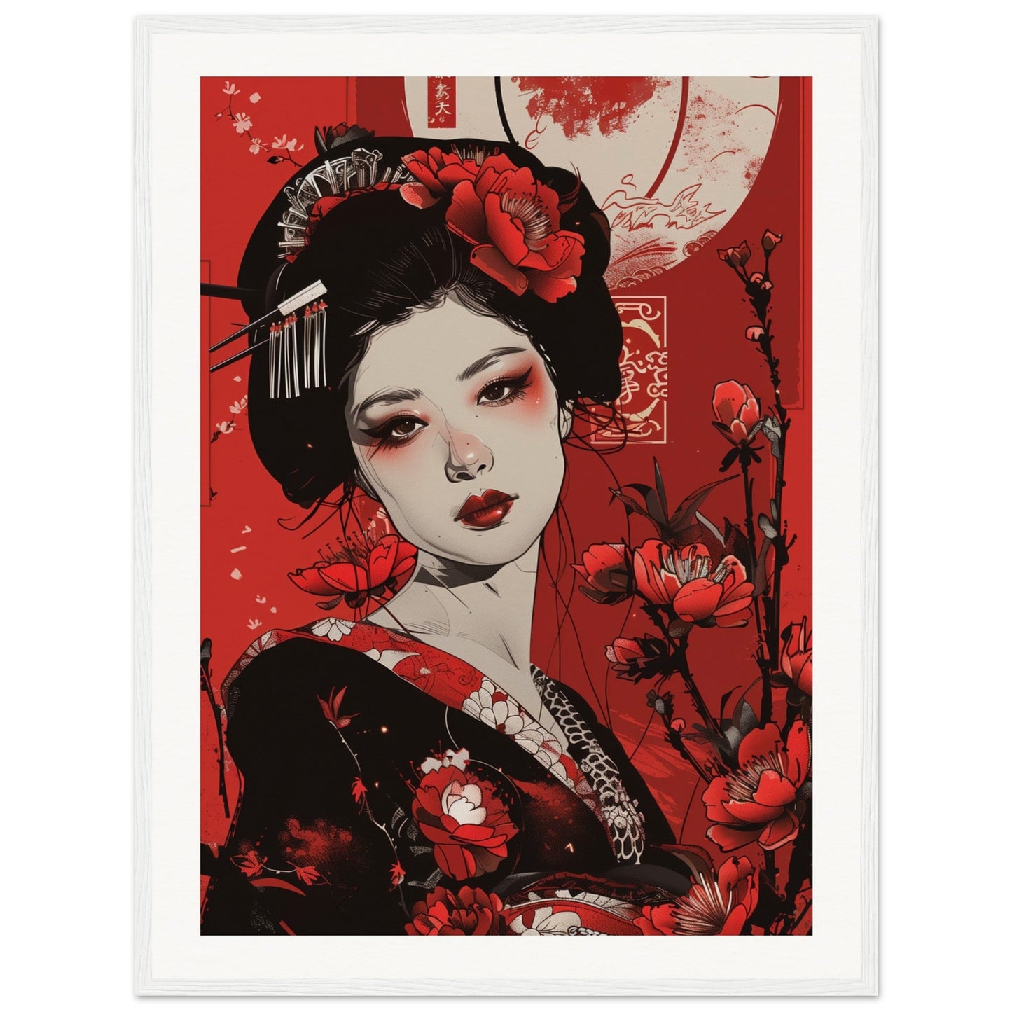 Poster Geisha Rouge ( 60x80-cm-Bois-blanc)