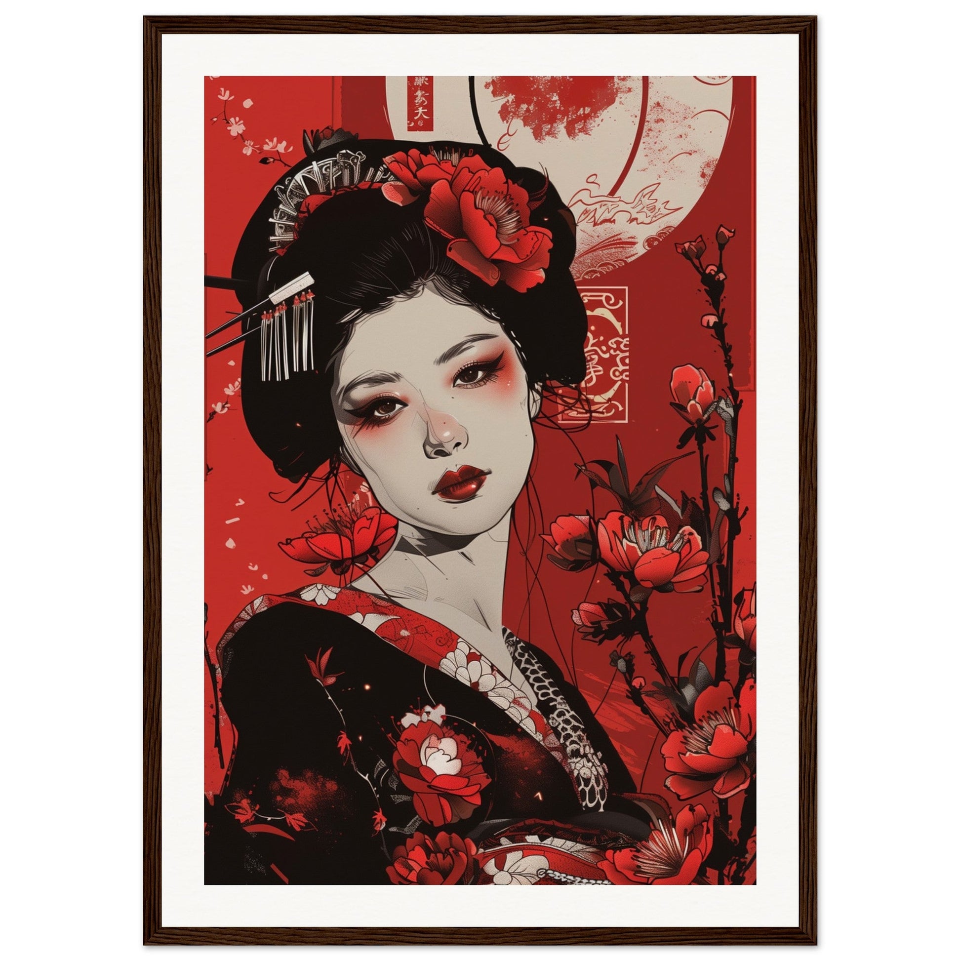 Poster Geisha Rouge ( 50x70-cm-Bois-foncé)