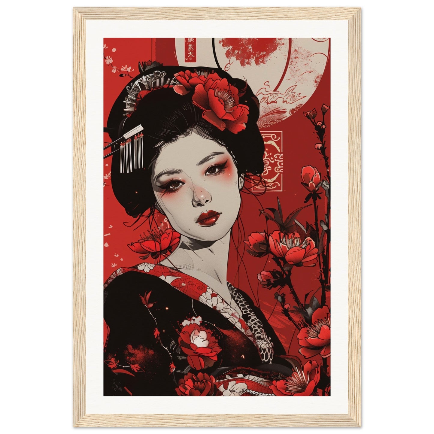 Poster Geisha Rouge ( 30x45-cm-Bois-clair)