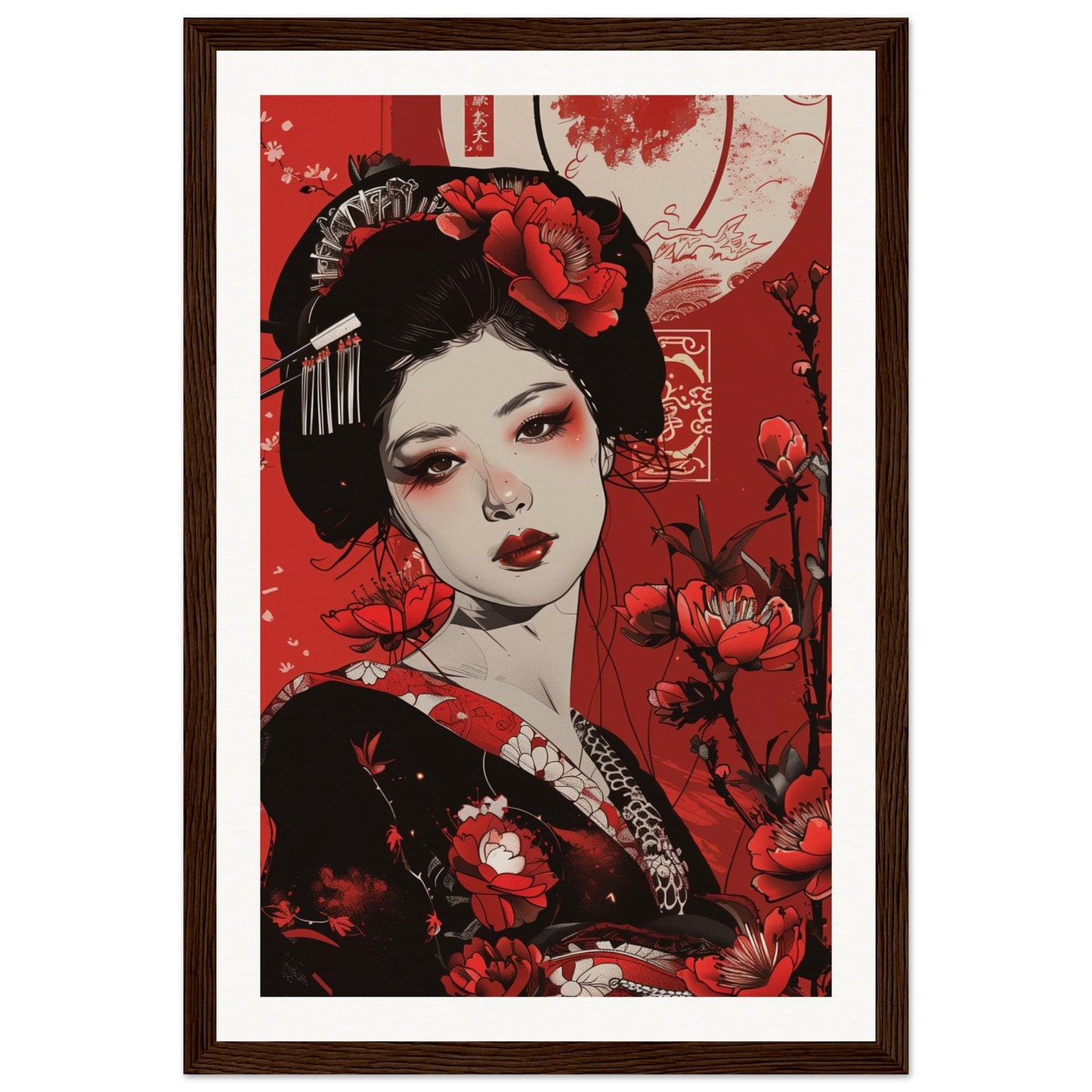 Poster Geisha Rouge ( 30x45-cm-Bois-foncé)