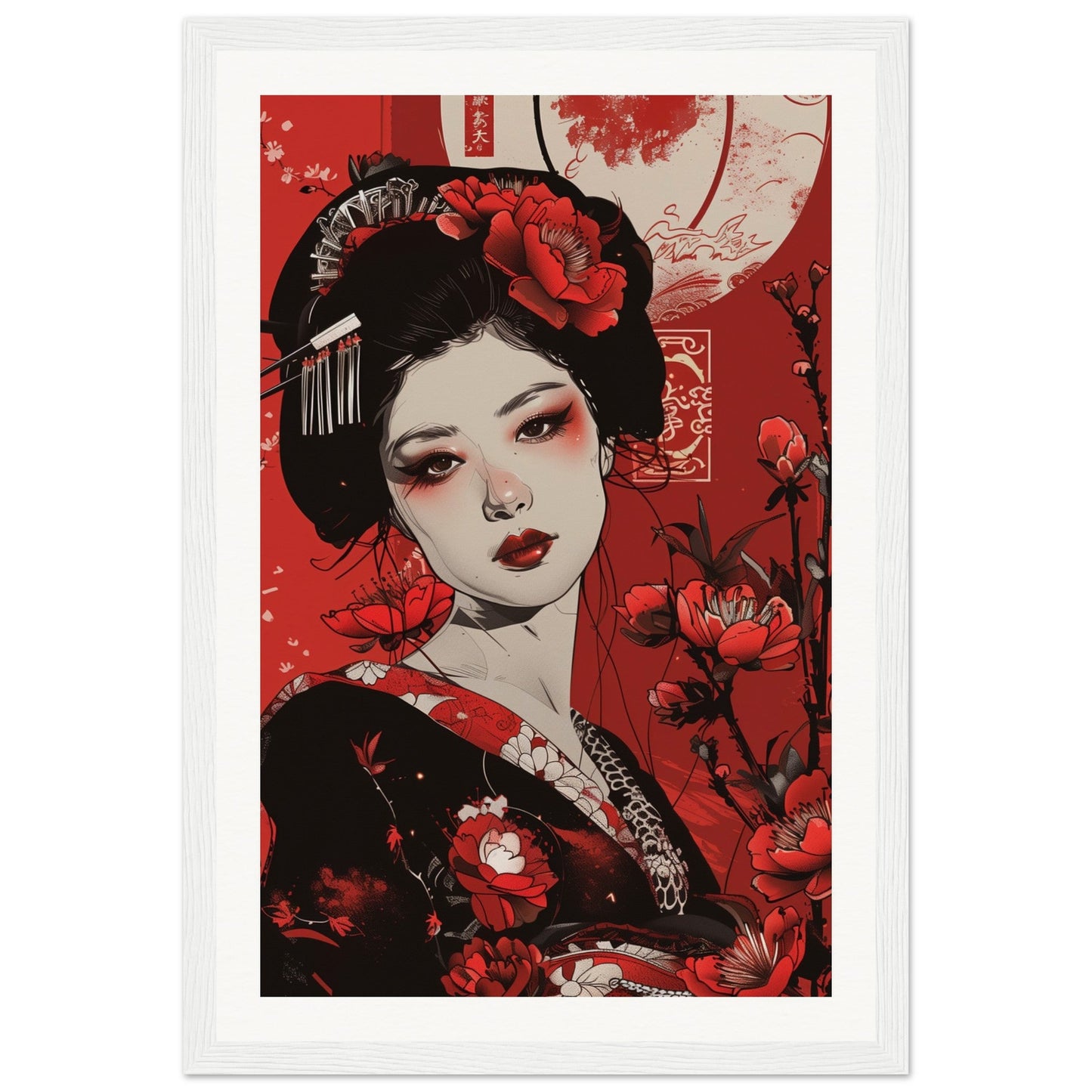 Poster Geisha Rouge ( 30x45-cm-Bois-blanc)