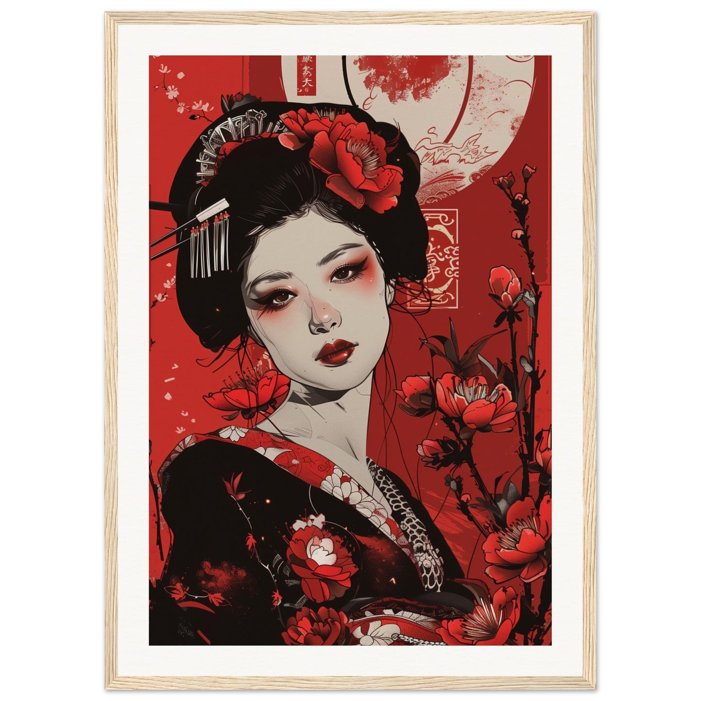 Poster Geisha Rouge ( 50x70-cm-Bois-clair)