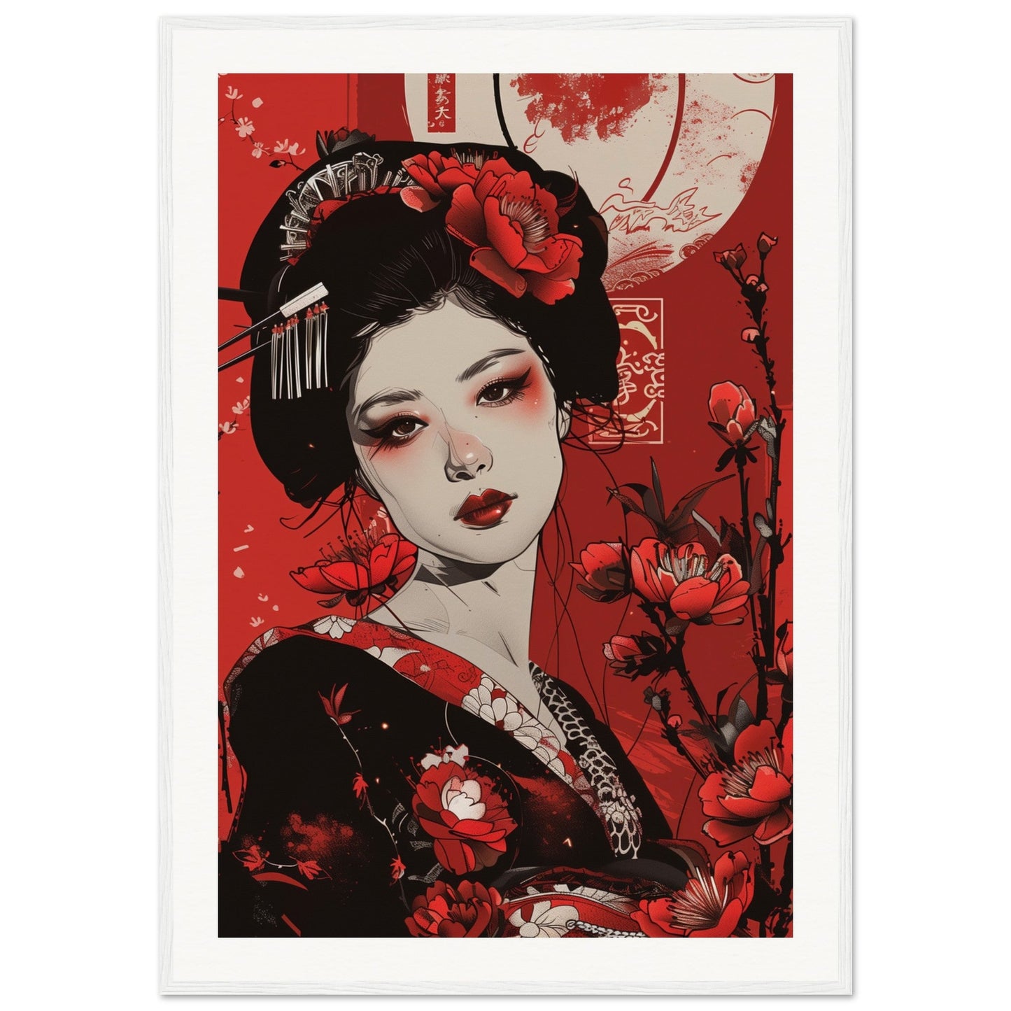 Poster Geisha Rouge ( 70x100-cm-Bois-blanc)