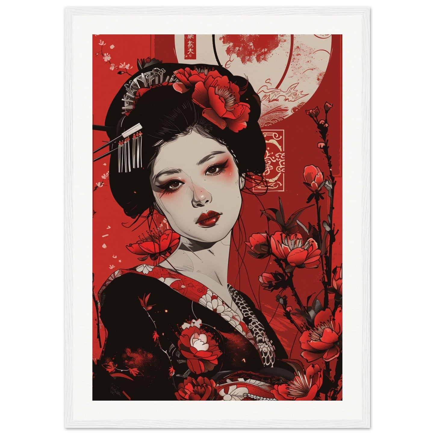 Poster Geisha Rouge ( 50x70-cm-Bois-blanc)