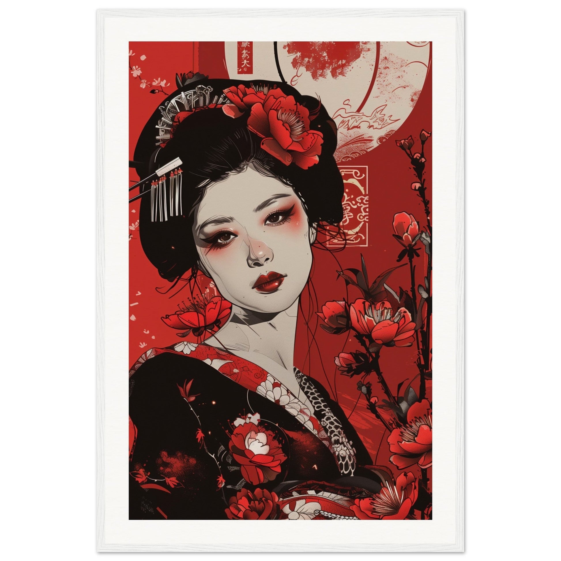 Poster Geisha Rouge ( 60x90-cm-Bois-blanc)