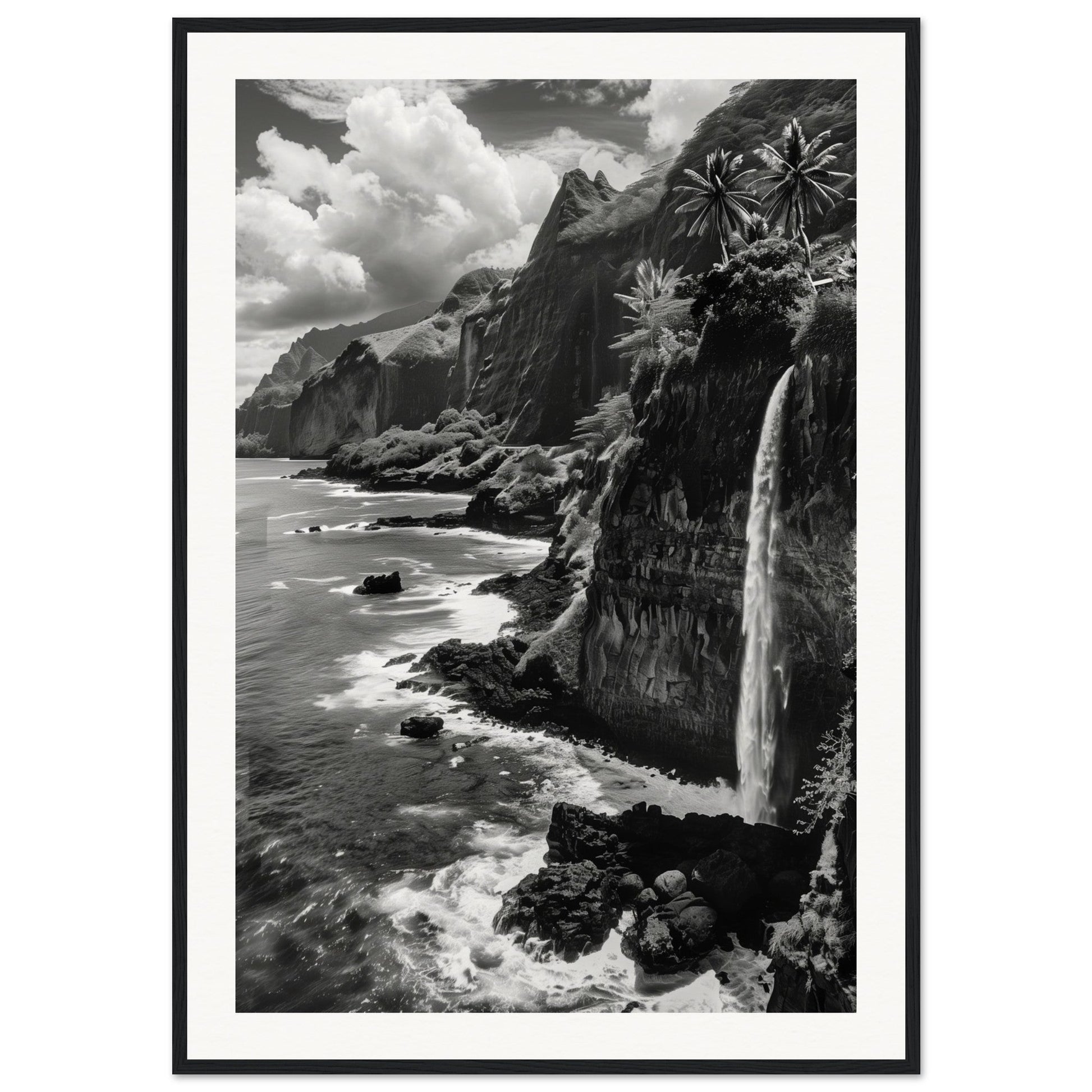 Poster Île de la Réunion Noir et Blanc ( 70x100-cm-Bois-noir)