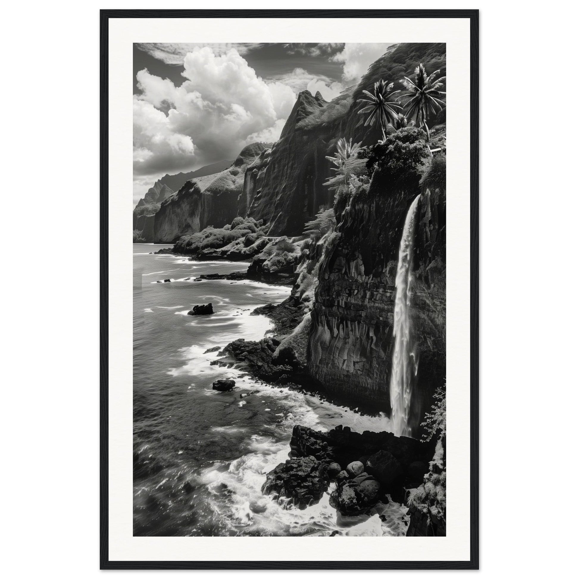 Poster Île de la Réunion Noir et Blanc ( 60x90-cm-Bois-noir)