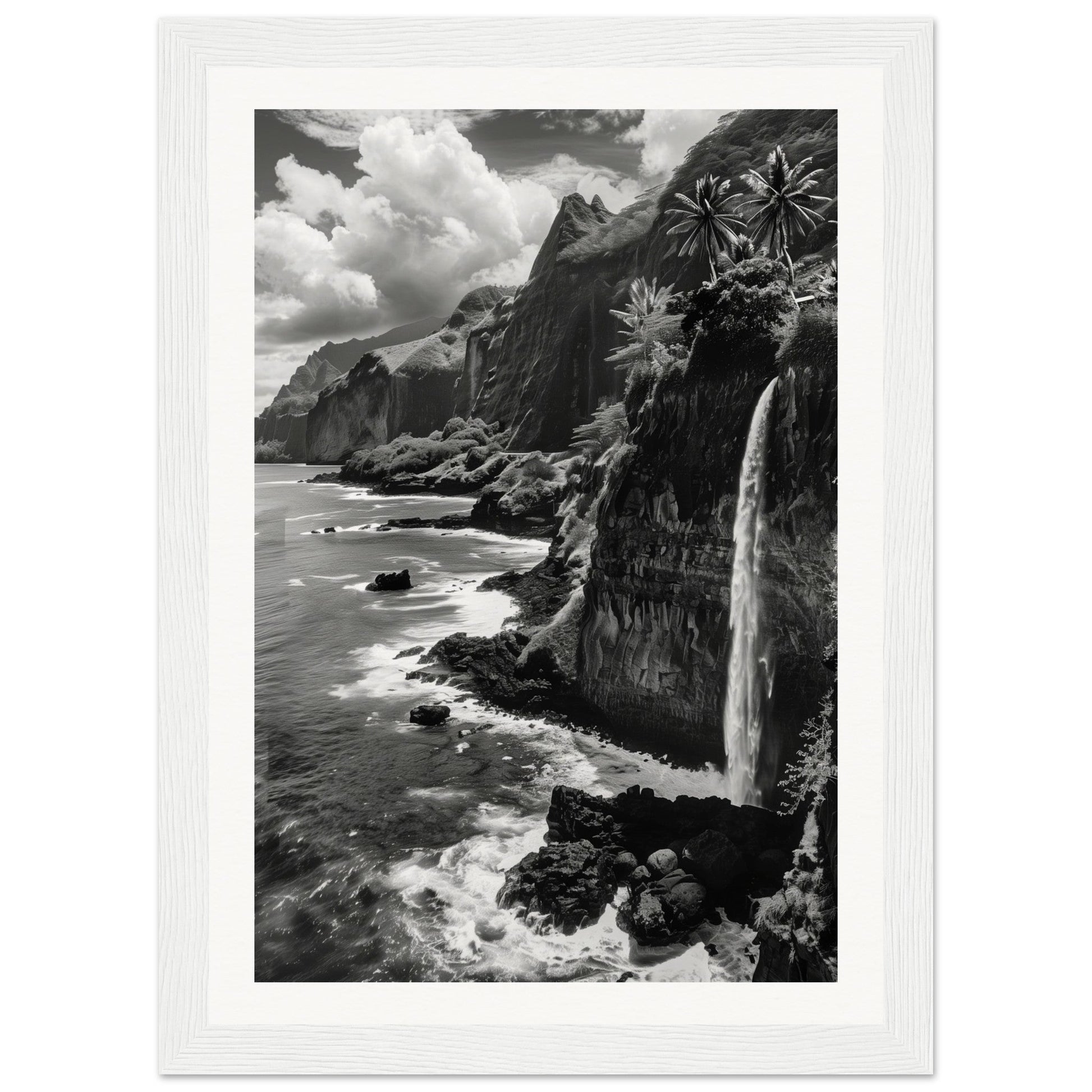 Poster Île de la Réunion Noir et Blanc ( 21x29.7-cm-Bois-blanc)