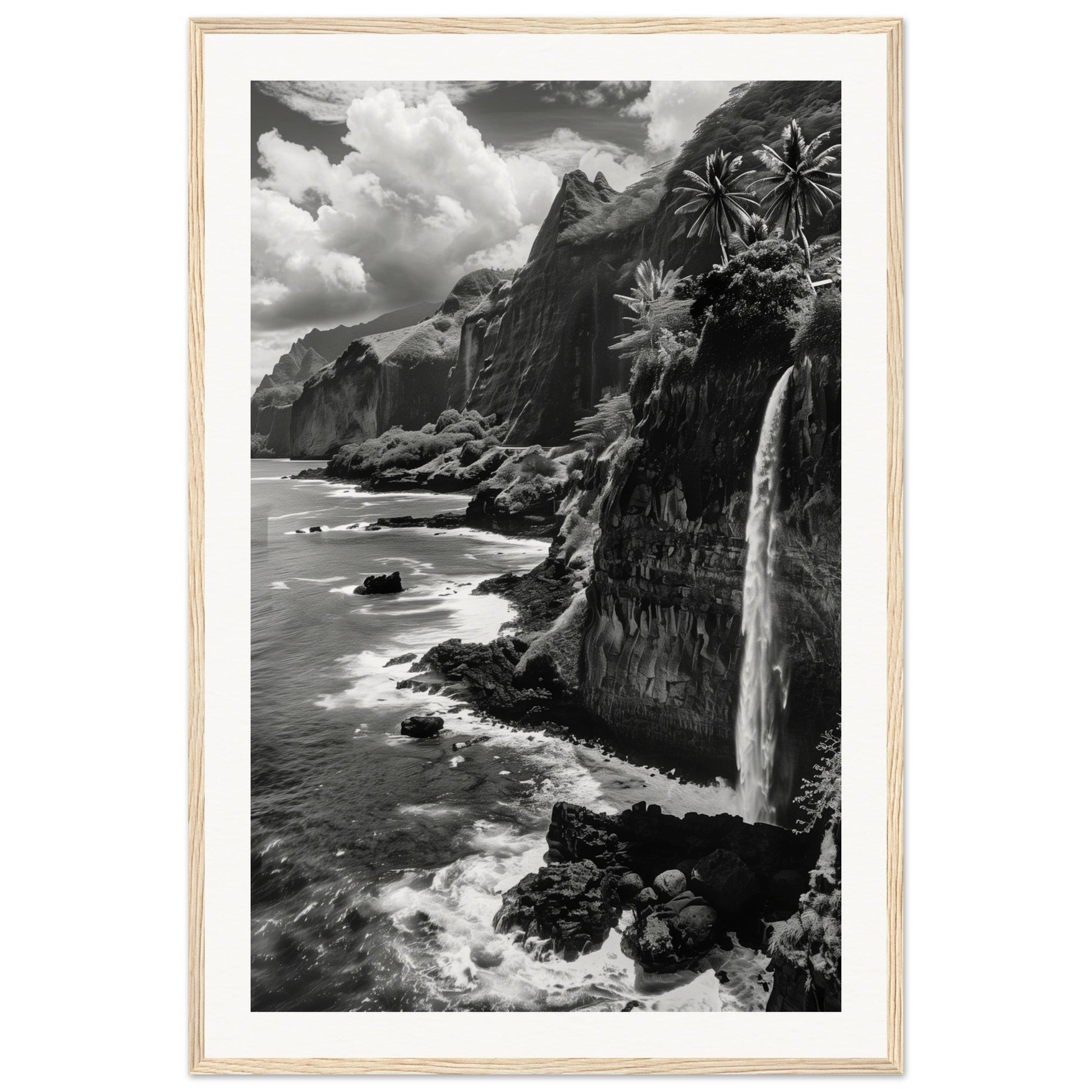 Poster Île de la Réunion Noir et Blanc ( 60x90-cm-Bois-clair)