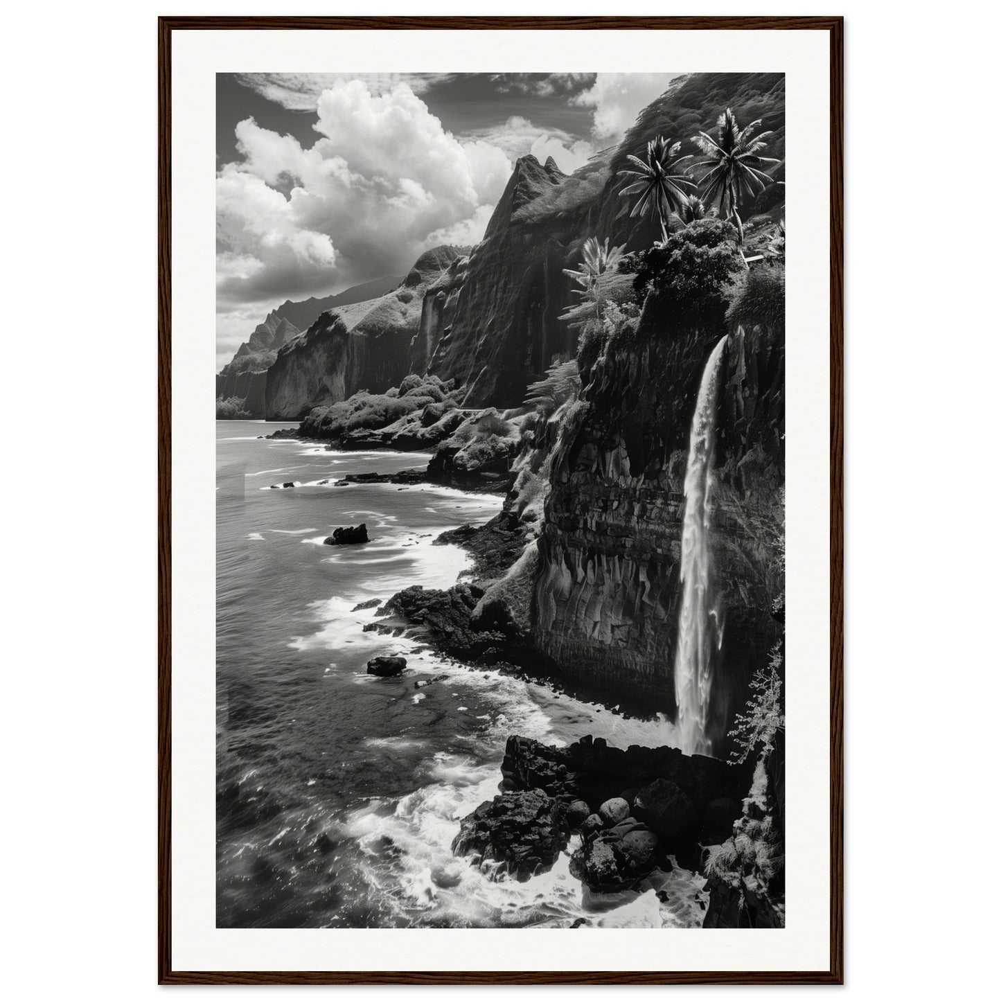 Poster Île de la Réunion Noir et Blanc ( 70x100-cm-Bois-foncé)