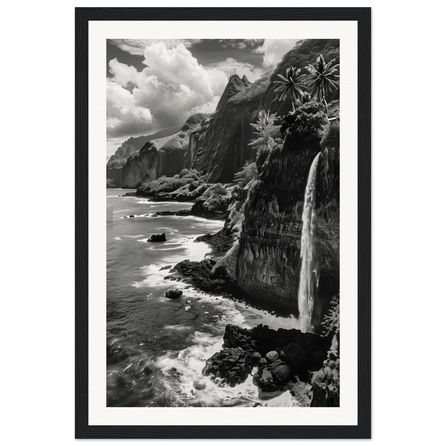 Poster Île de la Réunion Noir et Blanc ( 30x45-cm-Bois-noir)