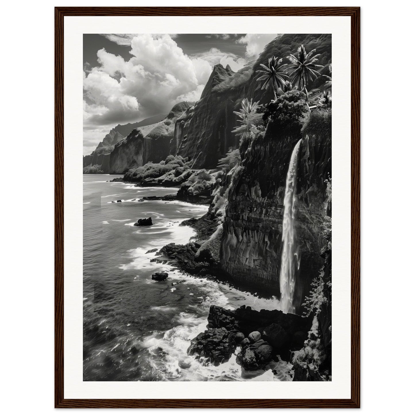 Poster Île de la Réunion Noir et Blanc ( 45x60-cm-Bois-foncé)