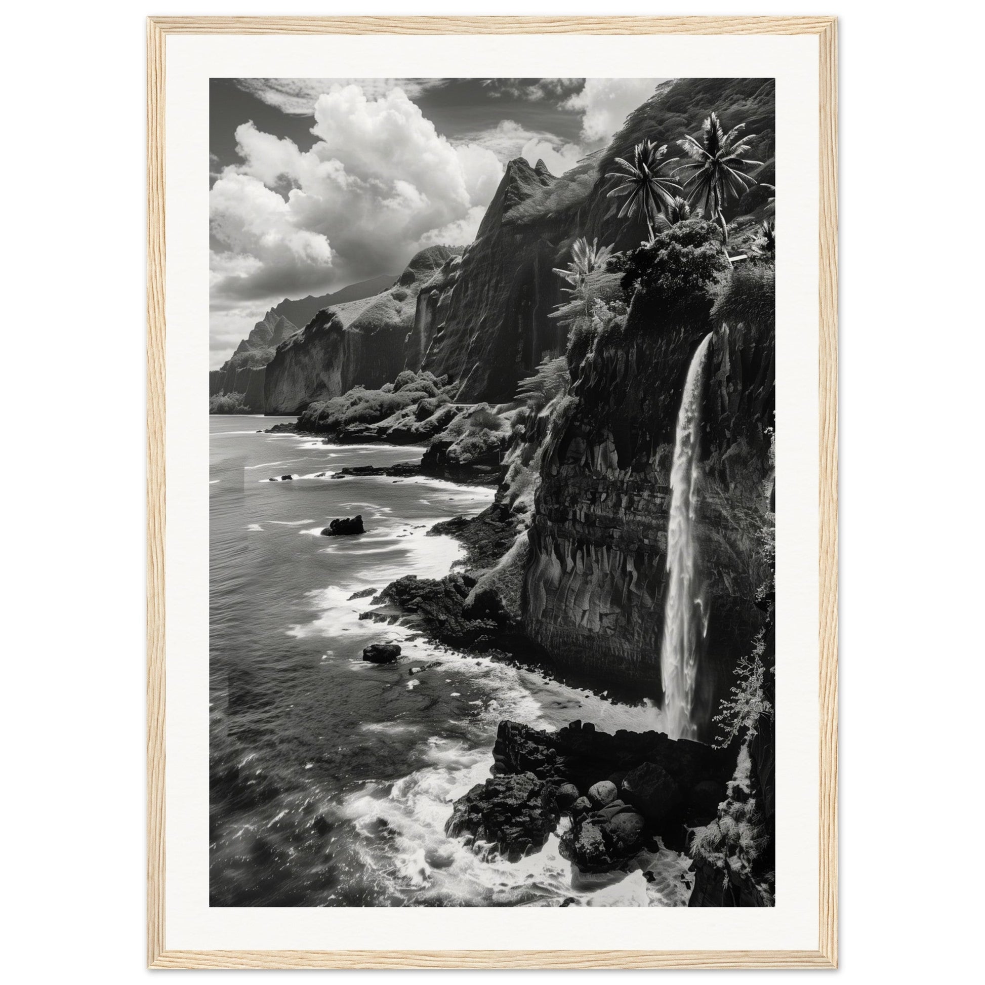 Poster Île de la Réunion Noir et Blanc ( 50x70-cm-Bois-clair)