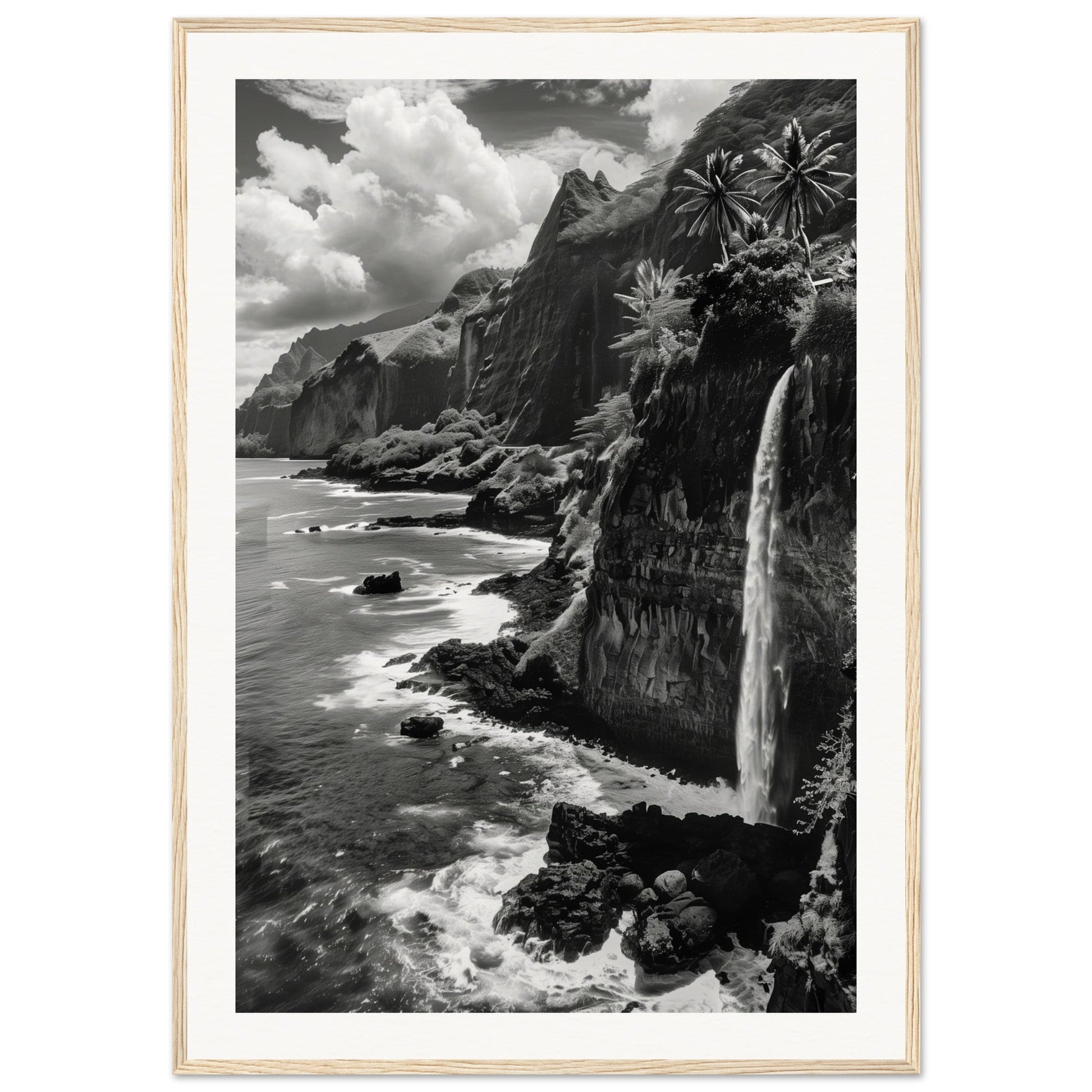 Poster Île de la Réunion Noir et Blanc ( 70x100-cm-Bois-clair)