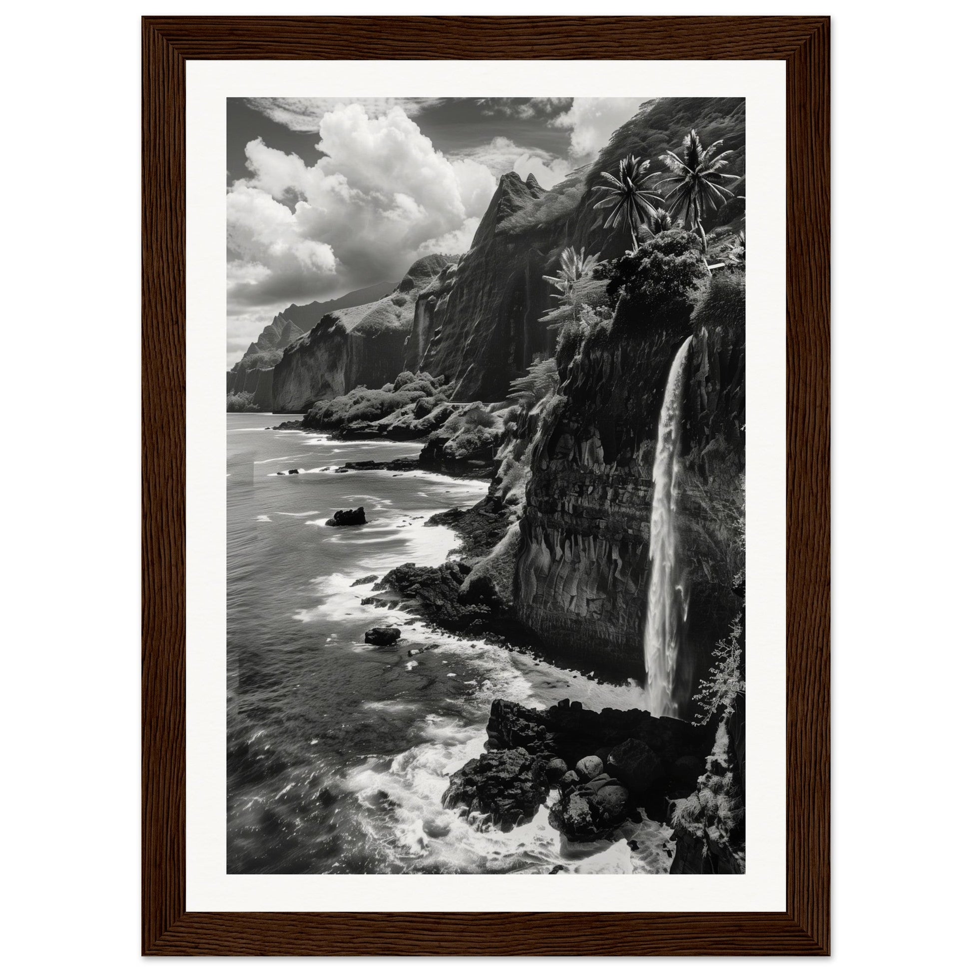 Poster Île de la Réunion Noir et Blanc ( 21x29.7-cm-Bois-foncé)