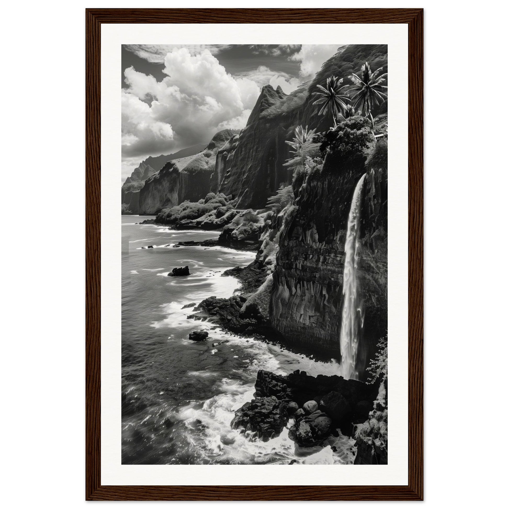 Poster Île de la Réunion Noir et Blanc ( 30x45-cm-Bois-foncé)