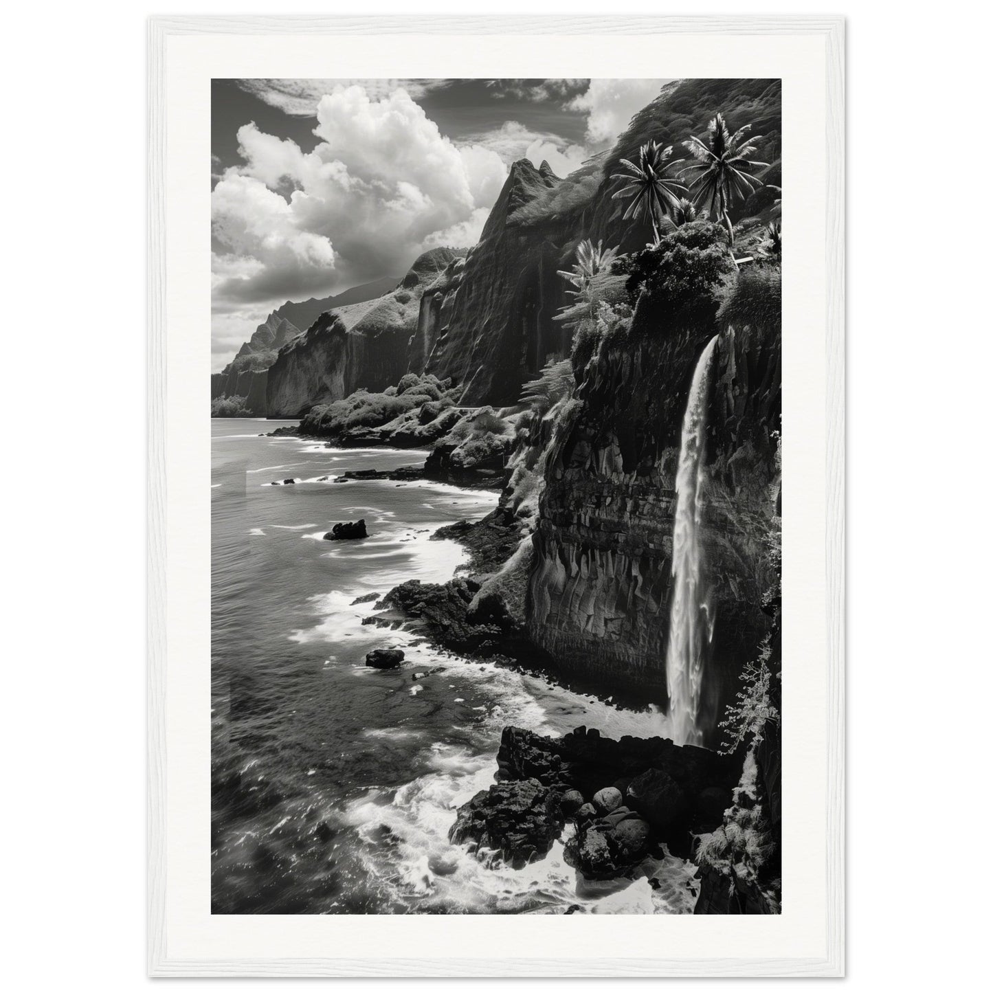 Poster Île de la Réunion Noir et Blanc ( 50x70-cm-Bois-blanc)