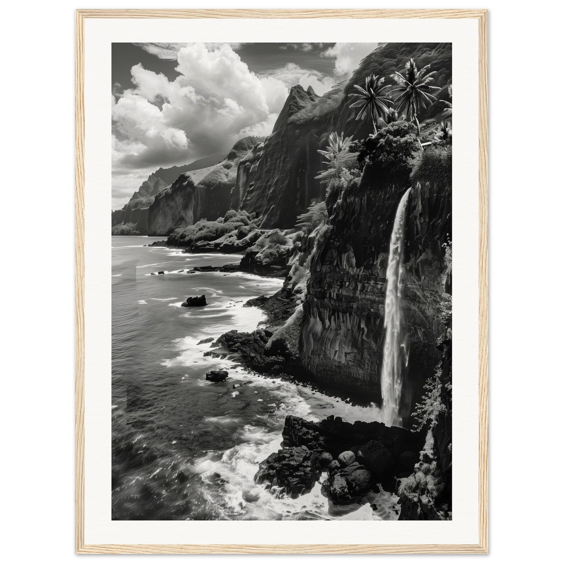 Poster Île de la Réunion Noir et Blanc ( 60x80-cm-Bois-clair)