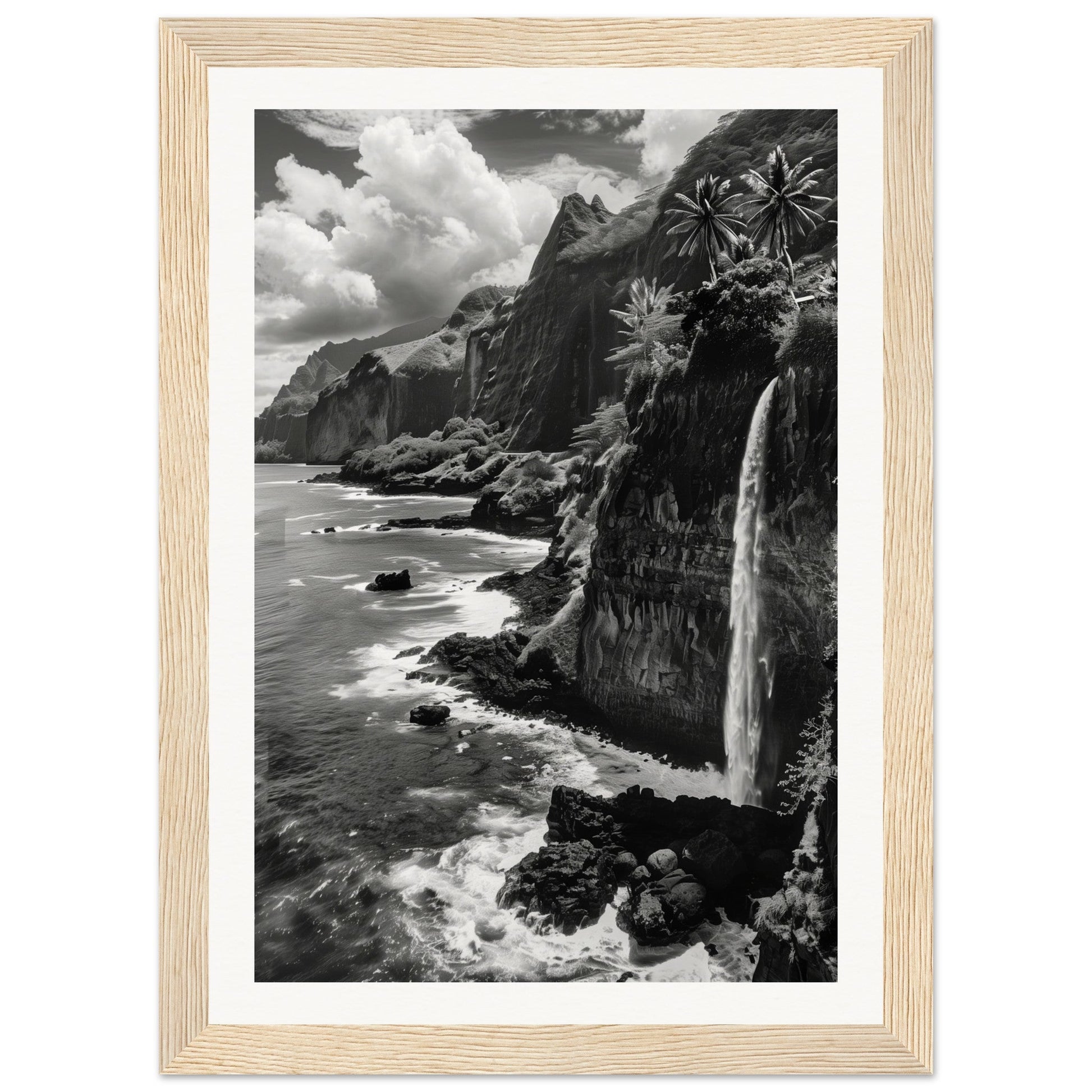 Poster Île de la Réunion Noir et Blanc ( 21x29.7-cm-Bois-clair)