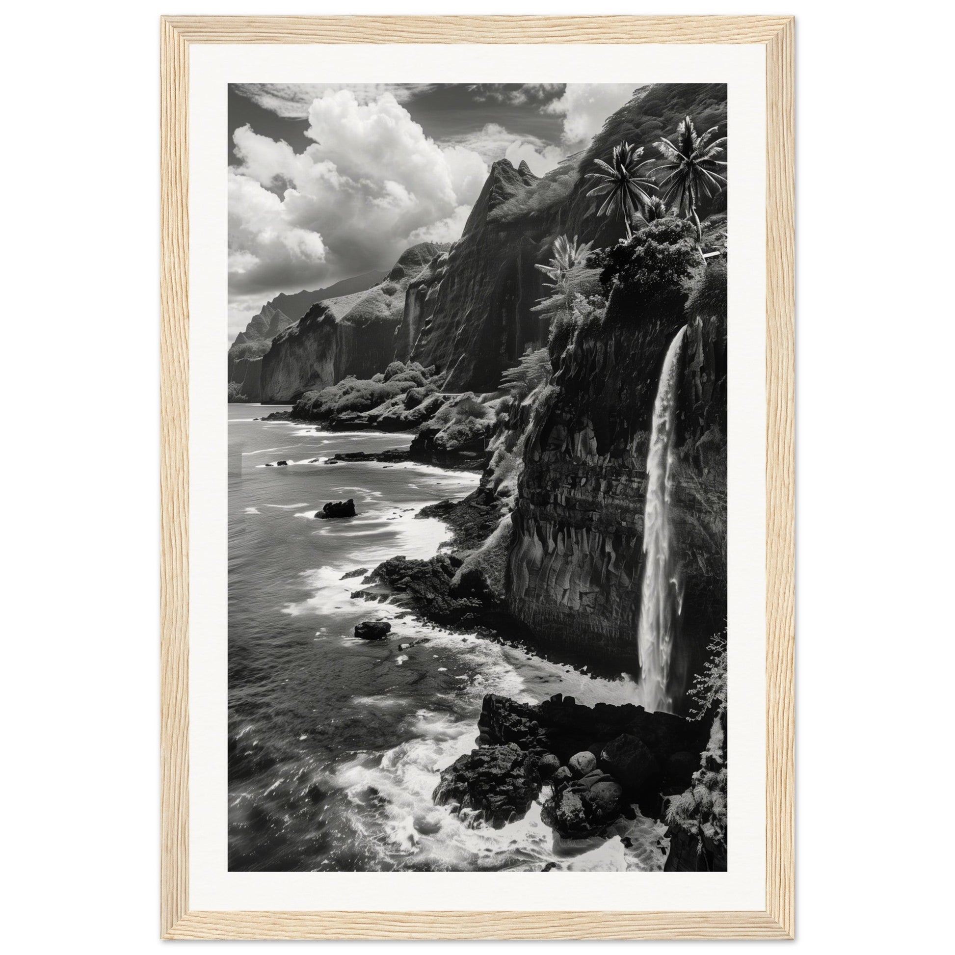 Poster Île de la Réunion Noir et Blanc ( 30x45-cm-Bois-clair)