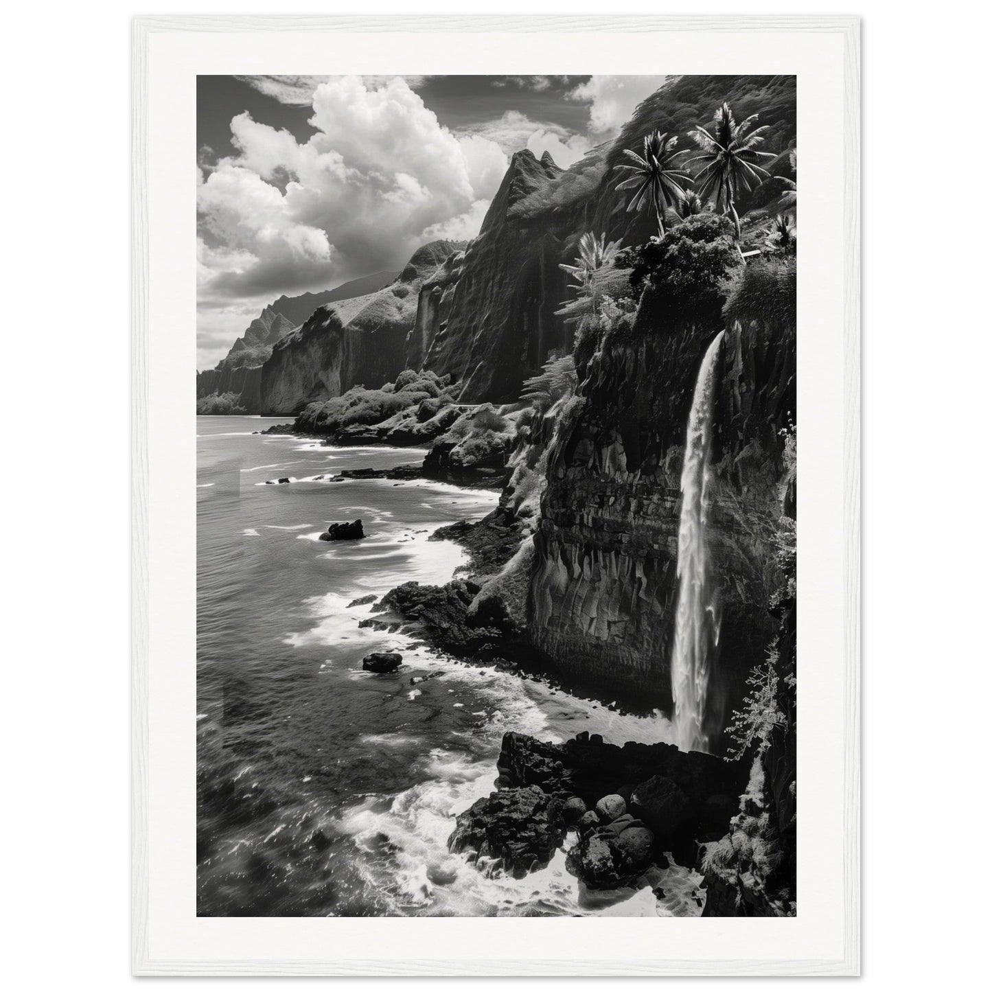 Poster Île de la Réunion Noir et Blanc ( 60x80-cm-Bois-blanc)