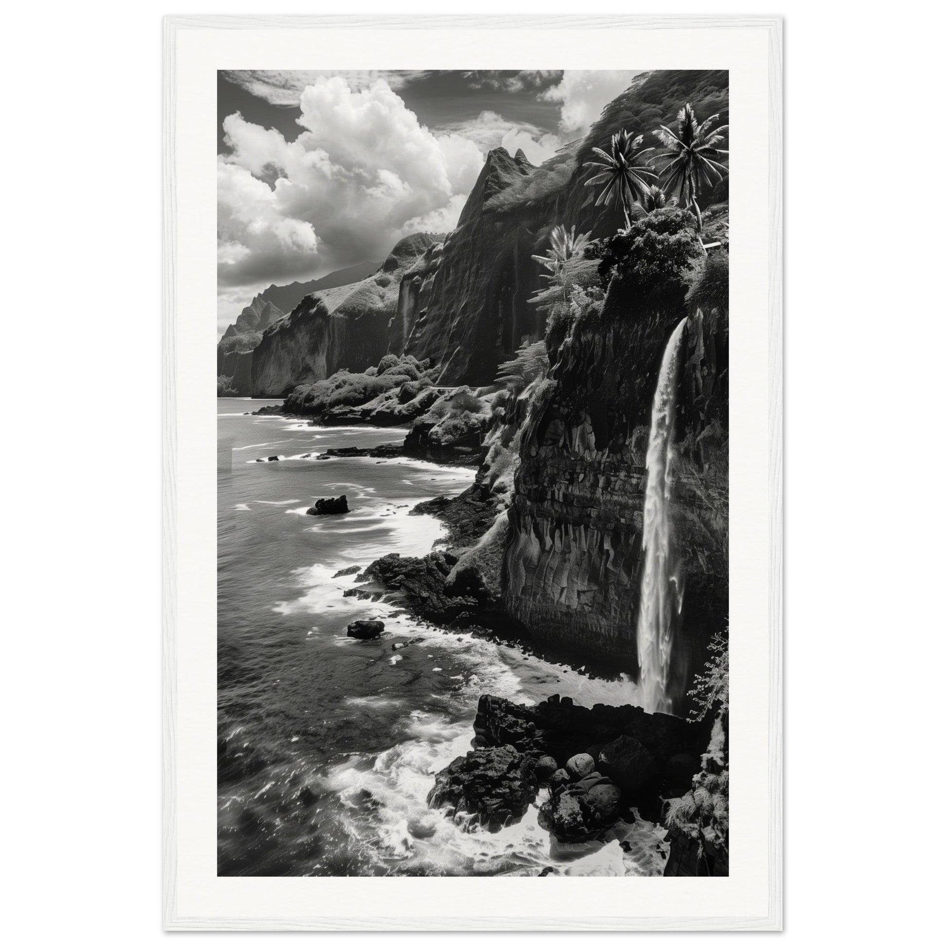 Poster Île de la Réunion Noir et Blanc ( 60x90-cm-Bois-blanc)