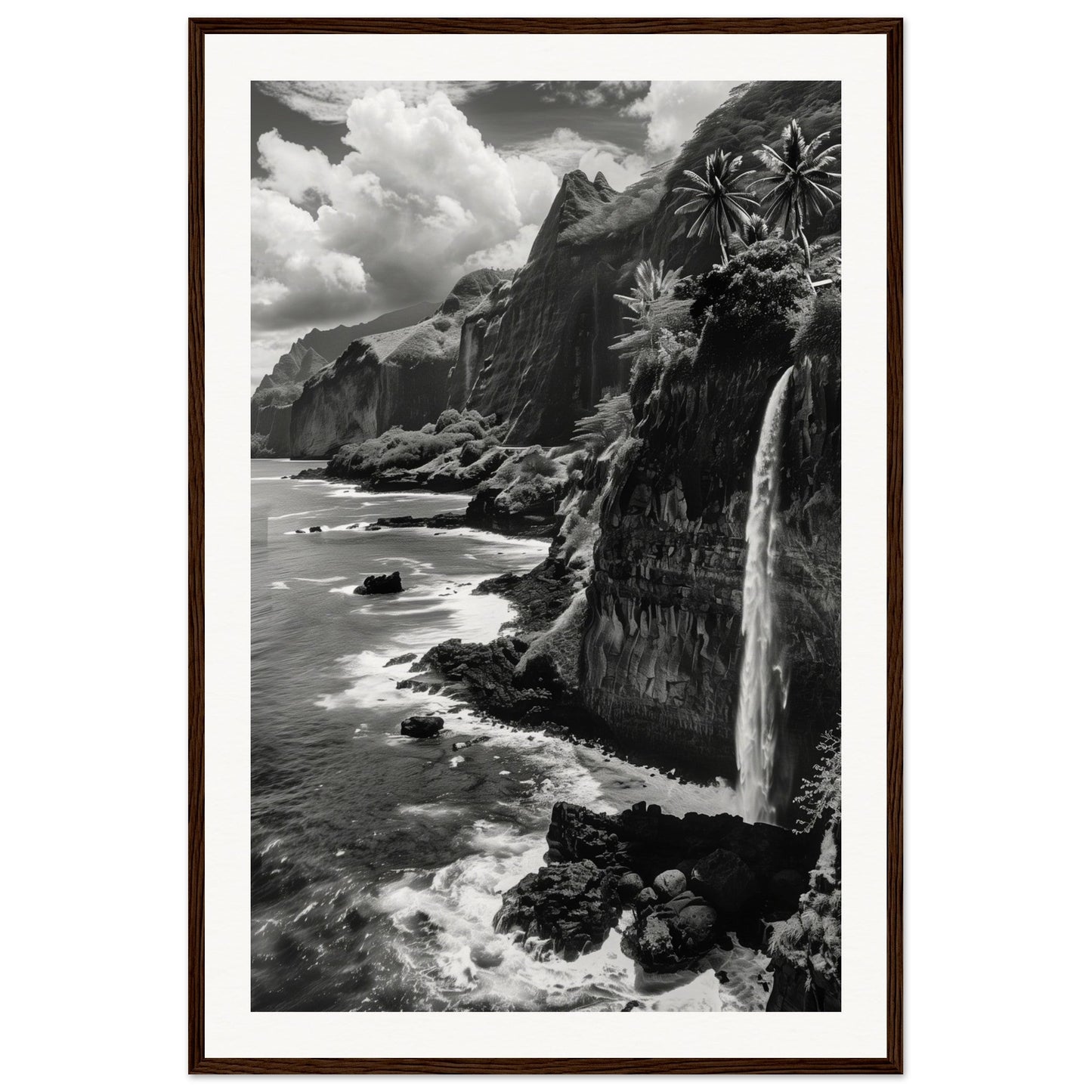 Poster Île de la Réunion Noir et Blanc ( 60x90-cm-Bois-foncé)